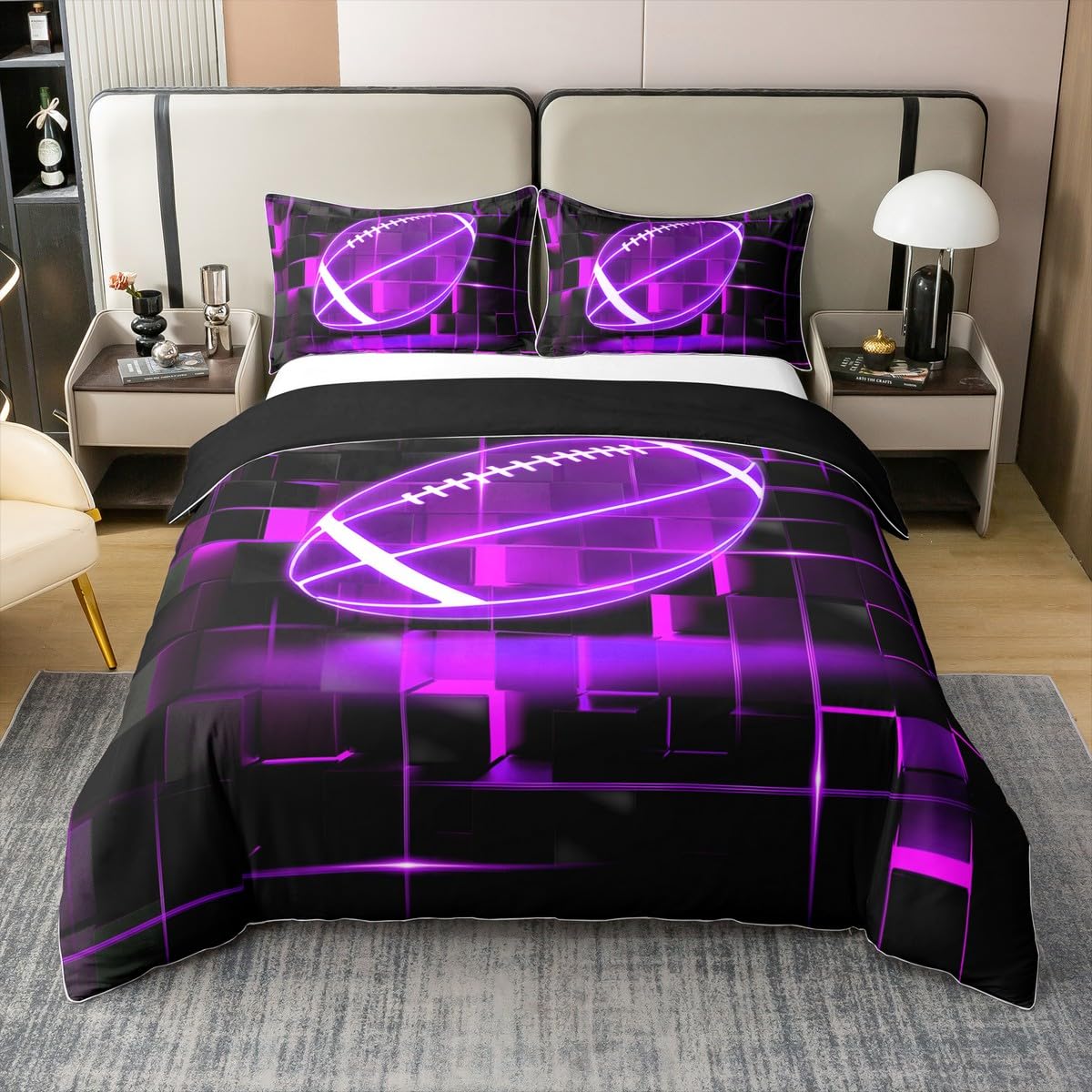 Housse de couette coton football 220x240 et parure de lit enfant cubes neon