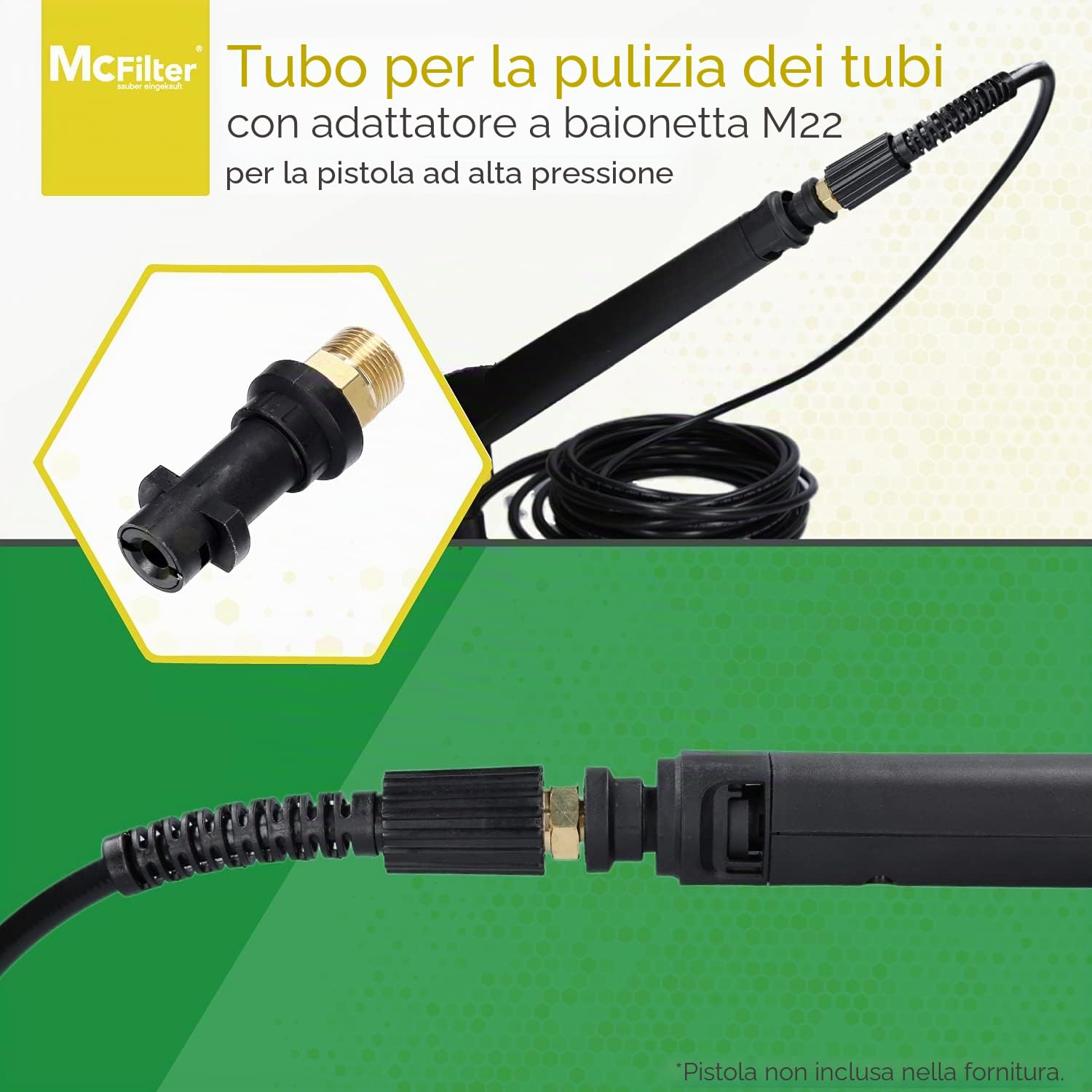Tubo flessibile per la pulizia dei tubi, 25m, 160-200 bar, adattatore incluso, ugelli rigidi + rotanti, compatibile con le idropulitrici Karcher K2, K3, K4, K5, K6, K7