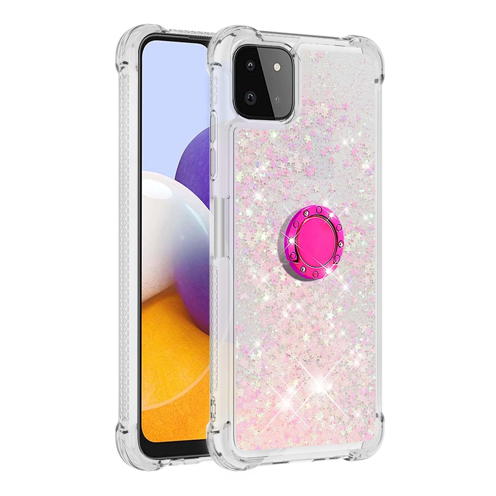 Transparent Liquid Case for Galaxy A22 5G with Ring Holder, Silicone Phone Case Glitter Floating Liquid Cover Slim Bumper Case Sparkly Back Case Resistant Hard Compatible with Samsung Galaxy A22 5G