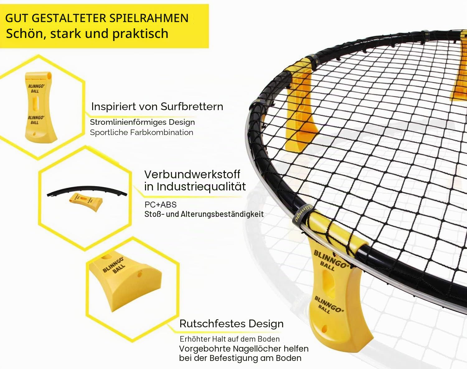 Blinngoball Outdoor Roundnet Spieleset, Roundnet Set Team Games bestehend aus Spielnetz, 3 Bällen, Kordelzug, Ballpumpe mit 1 Nadel und Handbuch und mehr