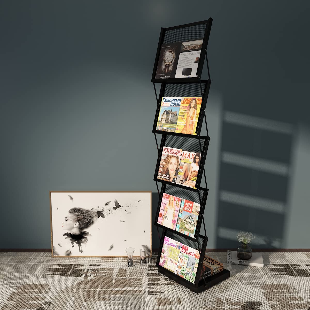 Prospektständer und faltbarer Zeitschriftenständer mit 5 Taschen für Ausstellungen und Messen, 45 x 37 x 180 cm