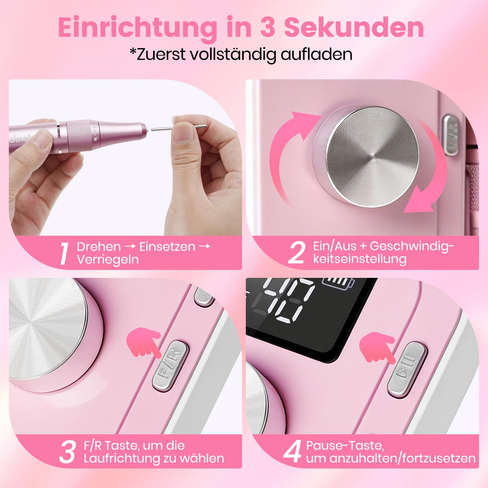 Delanie 40000 U/min elektrischer Nagelfräser für Gelnägel Acrylnägel, Rosa