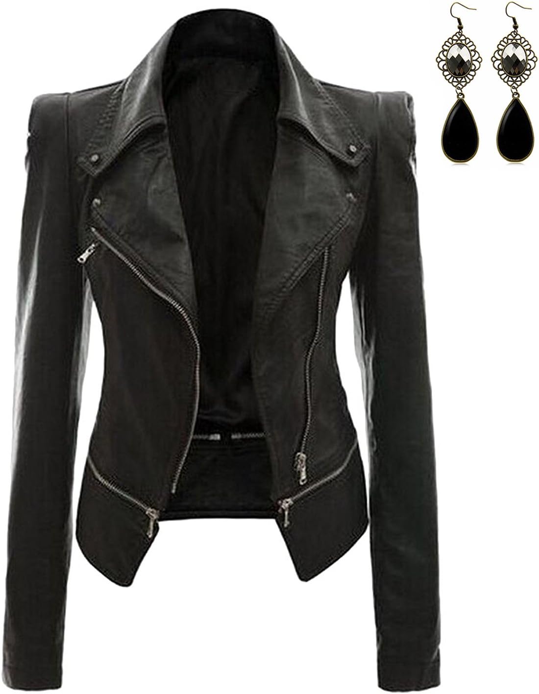 Oioninos Women Leather Jacket Slim Punk Bomber Casual Zipper Short Coat,Medium,Black