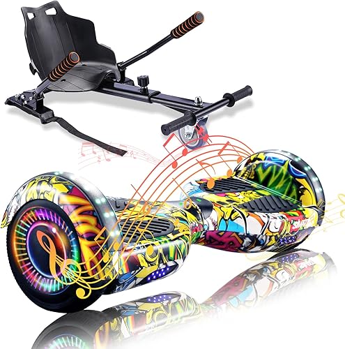 SIMATE Aeropatineta con combinación de accesorios de asiento, 6.5 pulgadas, autoequilibrante, con altavoces Bluetooth y luces LED para niños