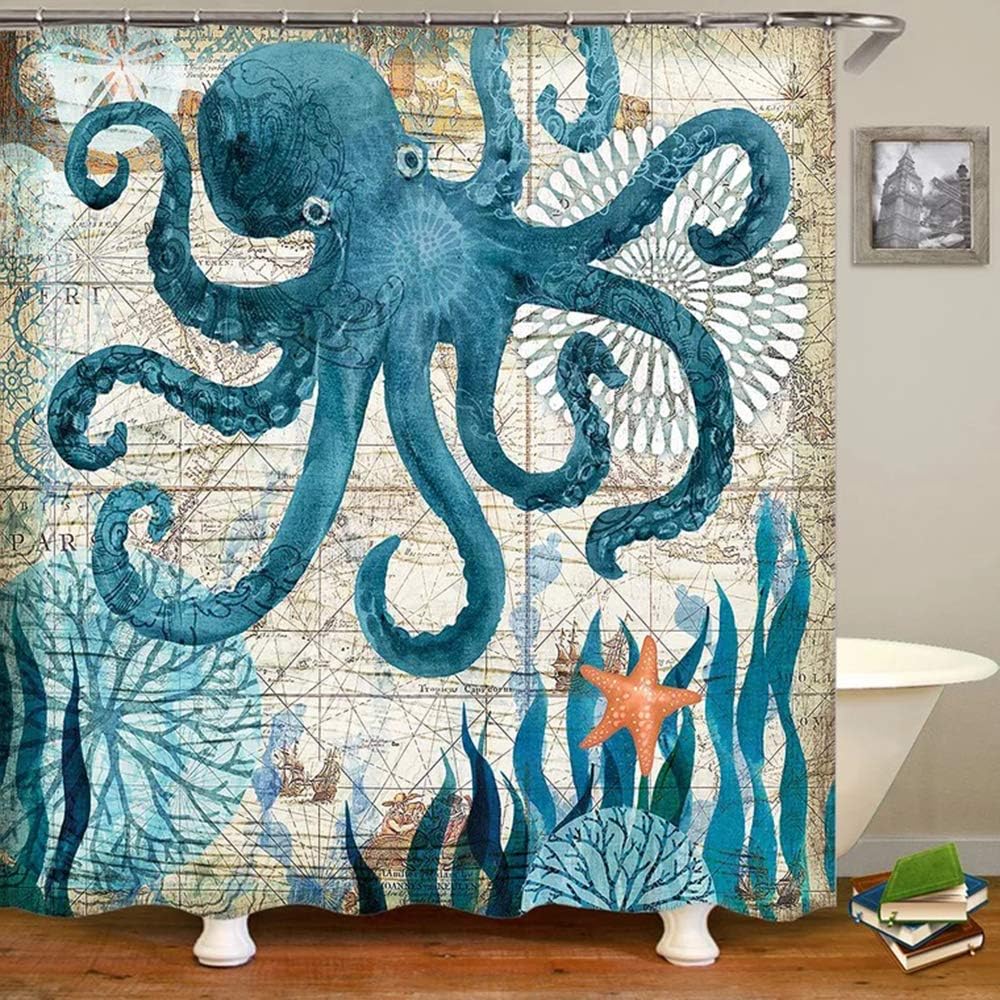Uphome Sea Octopus Fabric Shower Curtain, Nautical Blue Map Shower Curtain Navigation Under The Sea Life Coastal Extra Long Cloth Shower Curtain Heavy Weighted Waterproof, 72x78