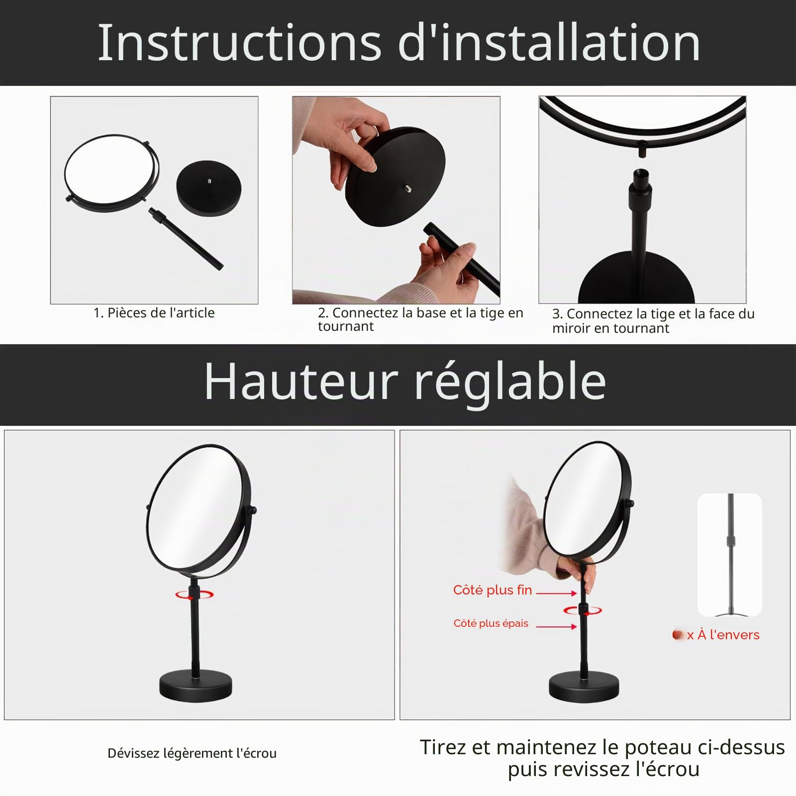 Nicesail Miroir de Table réglable en Hauteur sur Pied Miroir grossissant 5 x Miroir de Rasage pivotant sur Pied Double Face Ø 20 cm