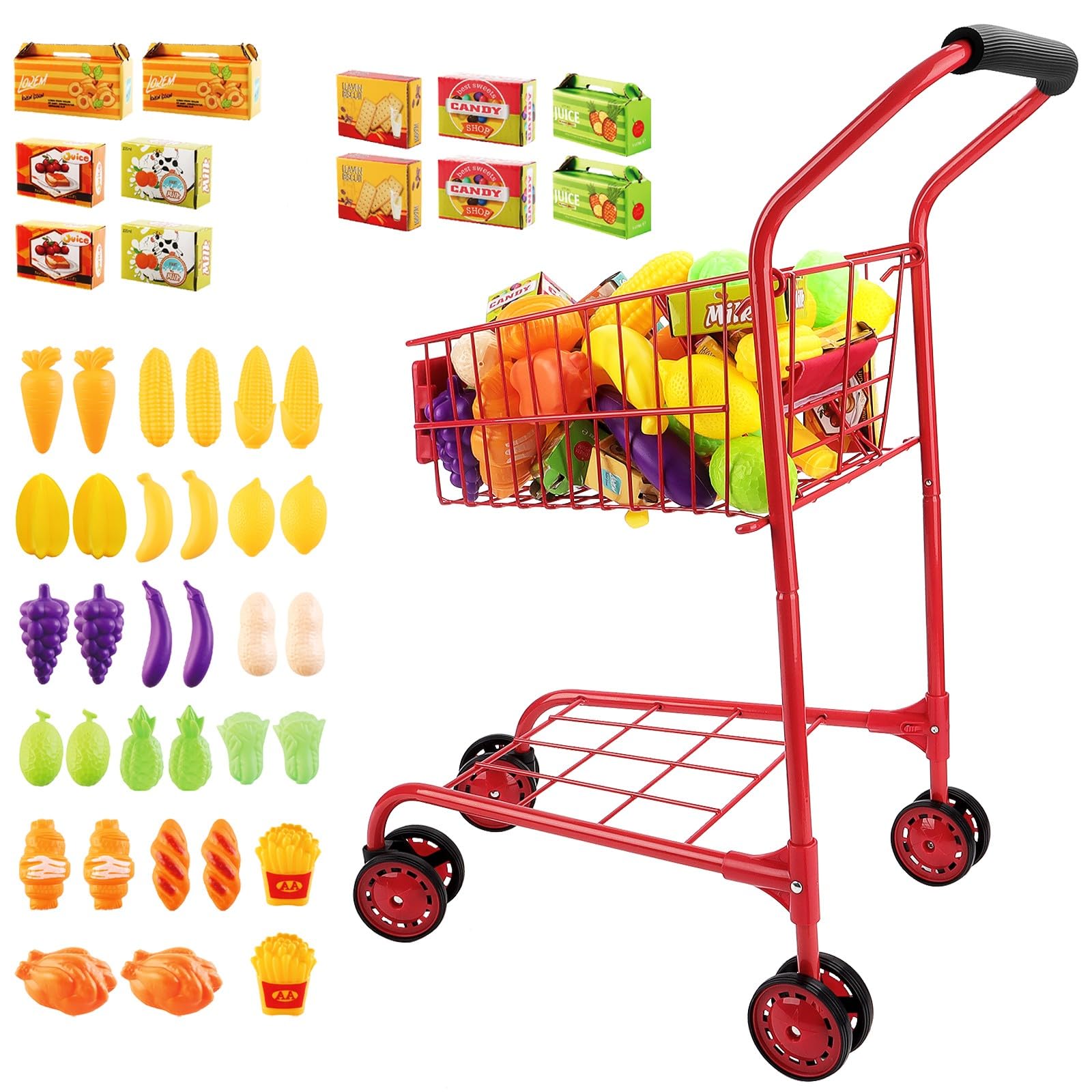 deAO Shopping Cart for Kids,Metal Toy Shopping Cart for Toddlers 46 PCS Food Fruit Vegetables Pretend Play Food Role Play,Educational Toy Play Kitchen Toys for Boys Girls Kids