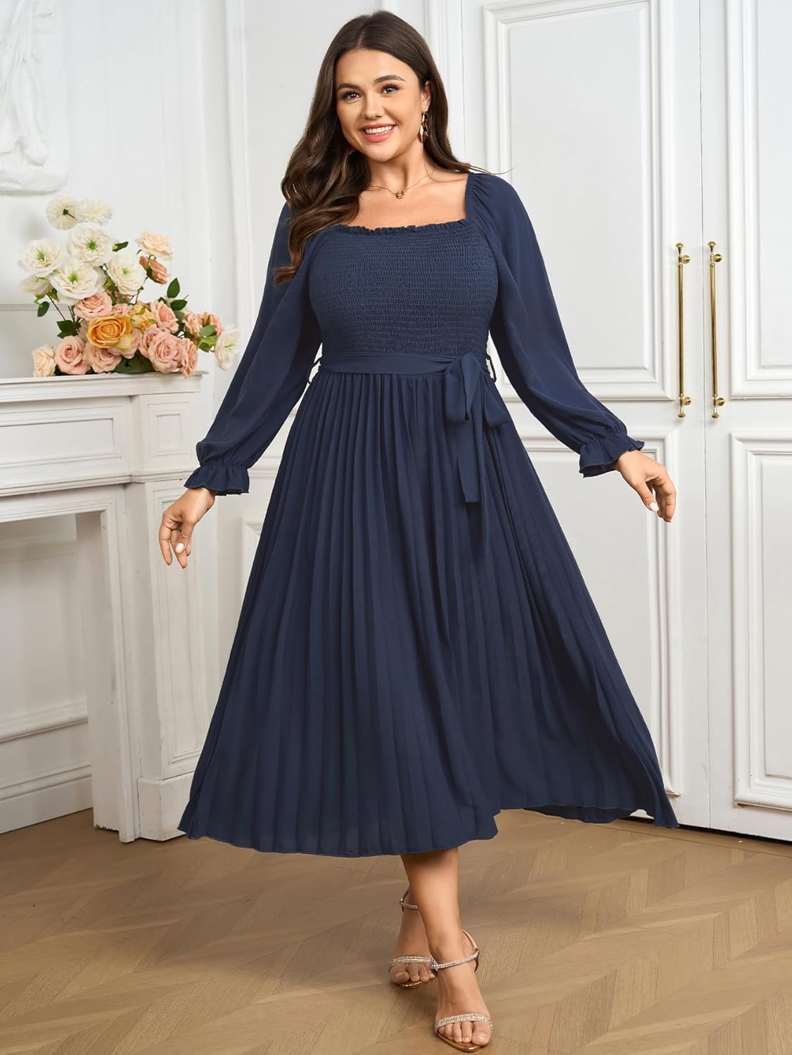 Women's Plus Size Dress Long Sleeve Smocked Square Neck Ruffle Pleated Flowy Wedding Guest Maxi Fall Dress - Image 4