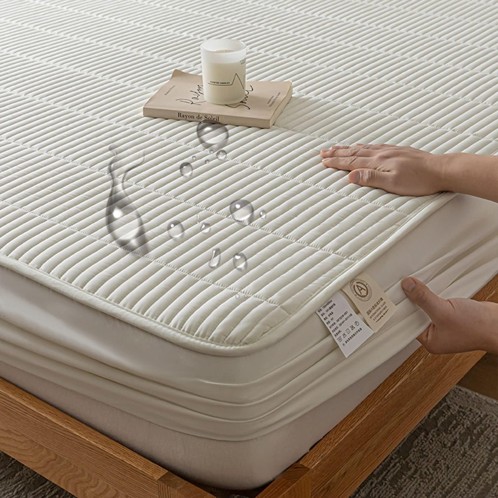 Drap-housse uni beige et blanc en polycoton anti-plis pour lit 2 places