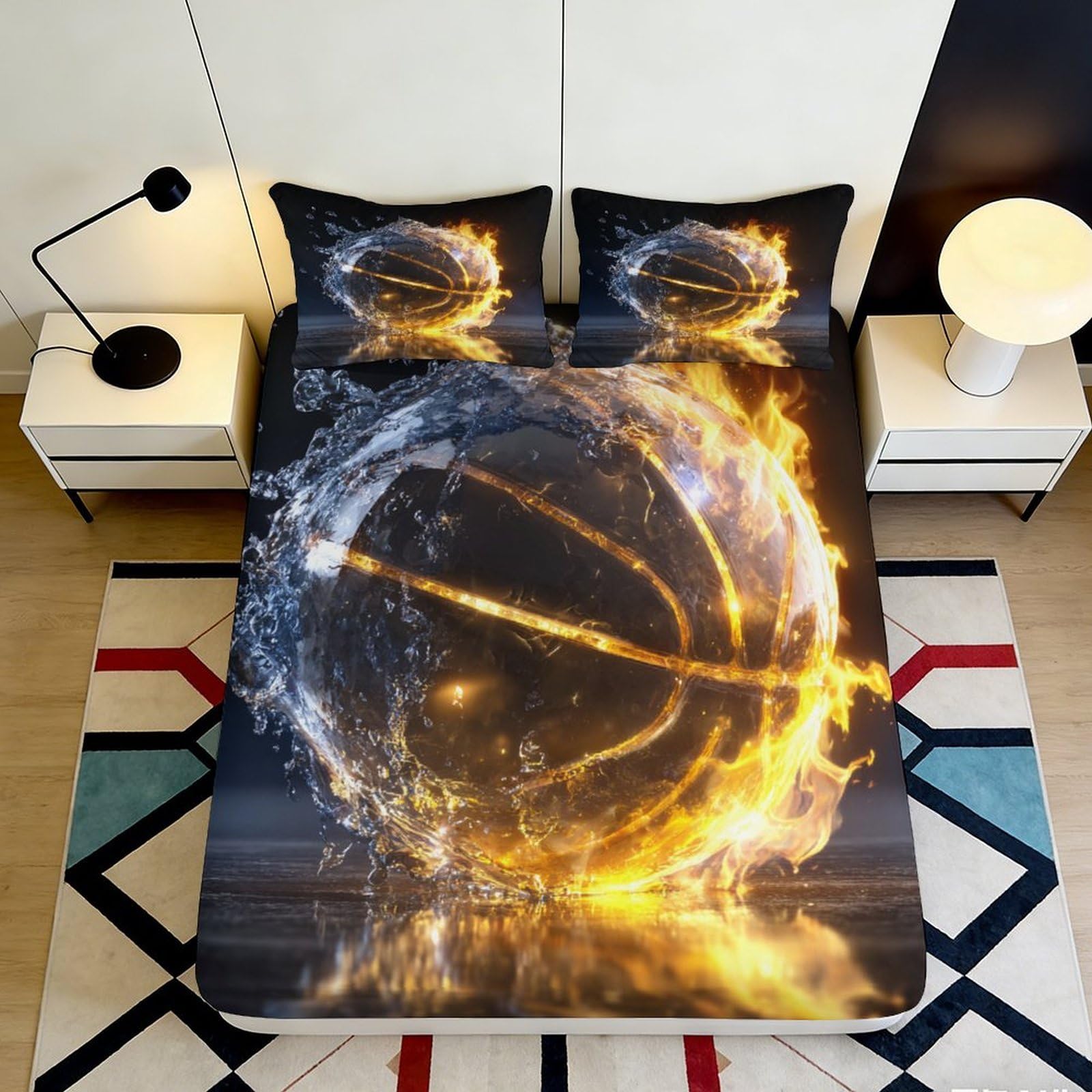 3D Printed Fire and Water Basketball Fitted Sheet Microfiber Soft Breathable Flame Sport Bed Cover for Bedroom Dormitory Guest Room Mattress Protection Decor 180x200x25cm
