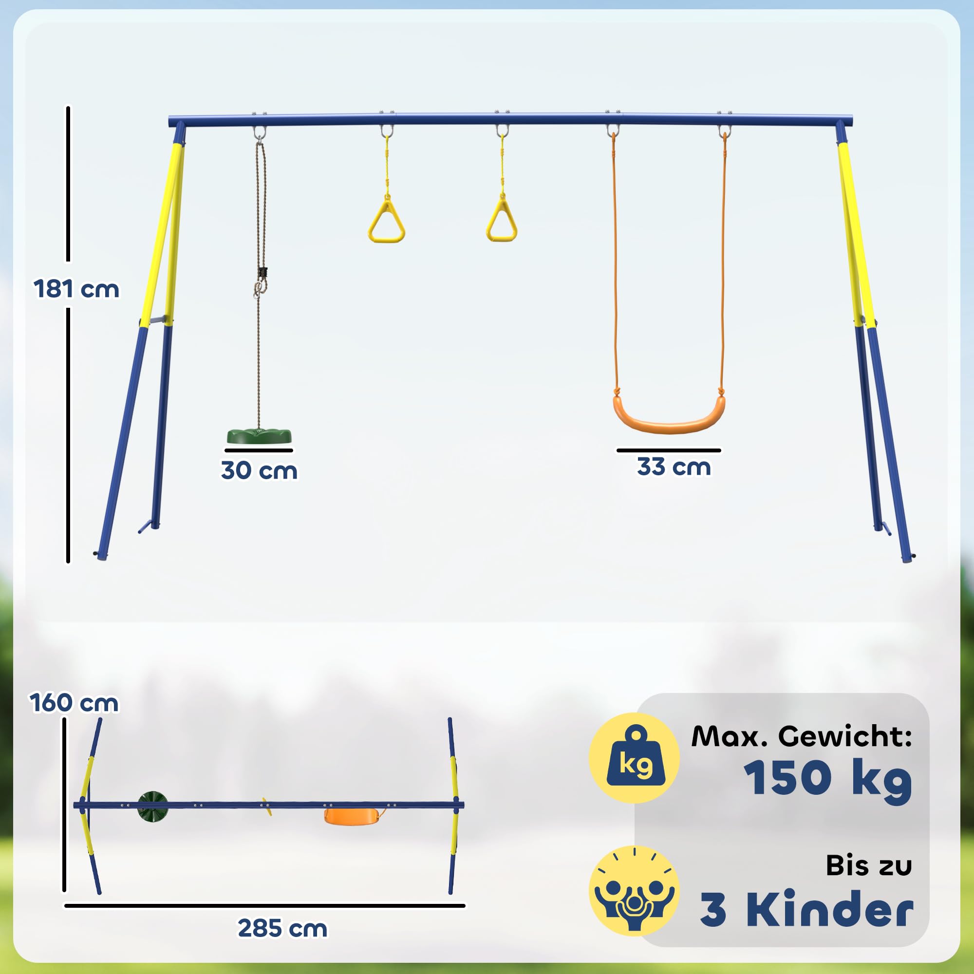 AIYAPLAY Stelaż huśtawki do 150 kg, huśtawka dziecięca 3 w 1 z klasyczną huśtawką, pierścienie gimnastyczne, huśtawka stojąca, rama huśtawki outdoorowej ze stalowym stelażem, huśtawka ogrodowa dla