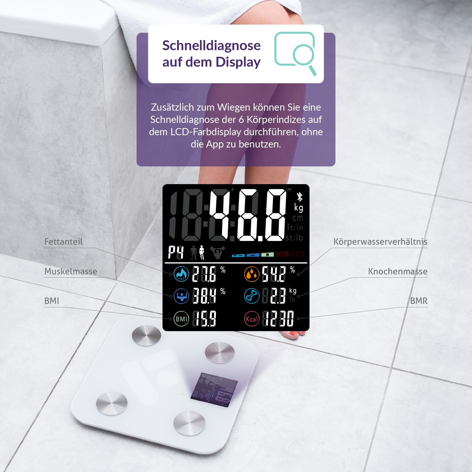 TrueLife FitScale W6 BT Personendiagnostische Bluetooth-Waage, Messung mit bioelektrischer Impedanzanalyse, 19 messbare Körperindizes, farbiges LCD-Display, bis zu 8 Benutzer, mobile App