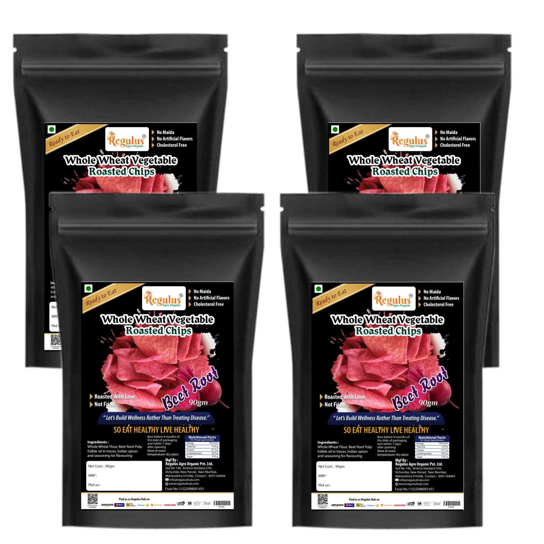Agro Organic Whole Wheat Vegetable Roasted Chips | Pack of 4 | 90g each | No Maida, No Oil, No Preservatives, Guilt Free Snacking | Healthy Diet Snack | Beetroot Chips