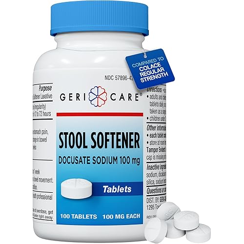 GeriCare Docusate Sodium Stool Softeners, Best Stool Softener for Daily use for Women, Men, and Elderly - Ideal for Constipation Relief 100mg Crushable Tablets. (100 Count) Made in The USA.