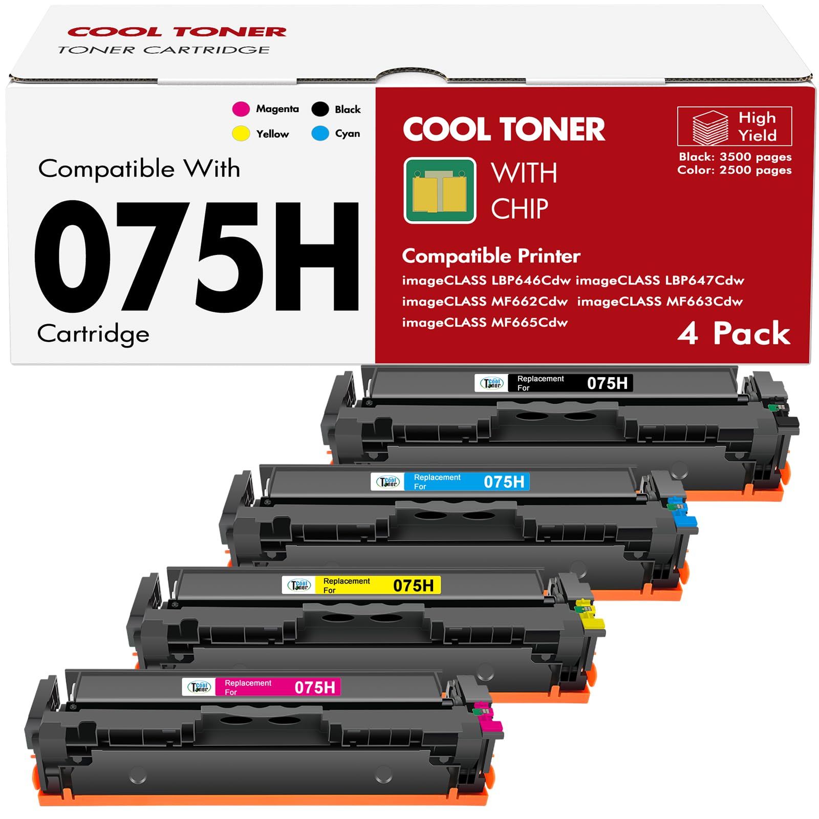 075H 075 Toner Cartridge Set MF665CDW MF663Cdw LBP646Cdw Compatible for Canon Color ImageCLASS MF660c MF662CDW LBP647Cdw LBP640c MF660 LBP640 Printer 4 Pack High Yield Ink (Black Cyan Yellow Magenta)