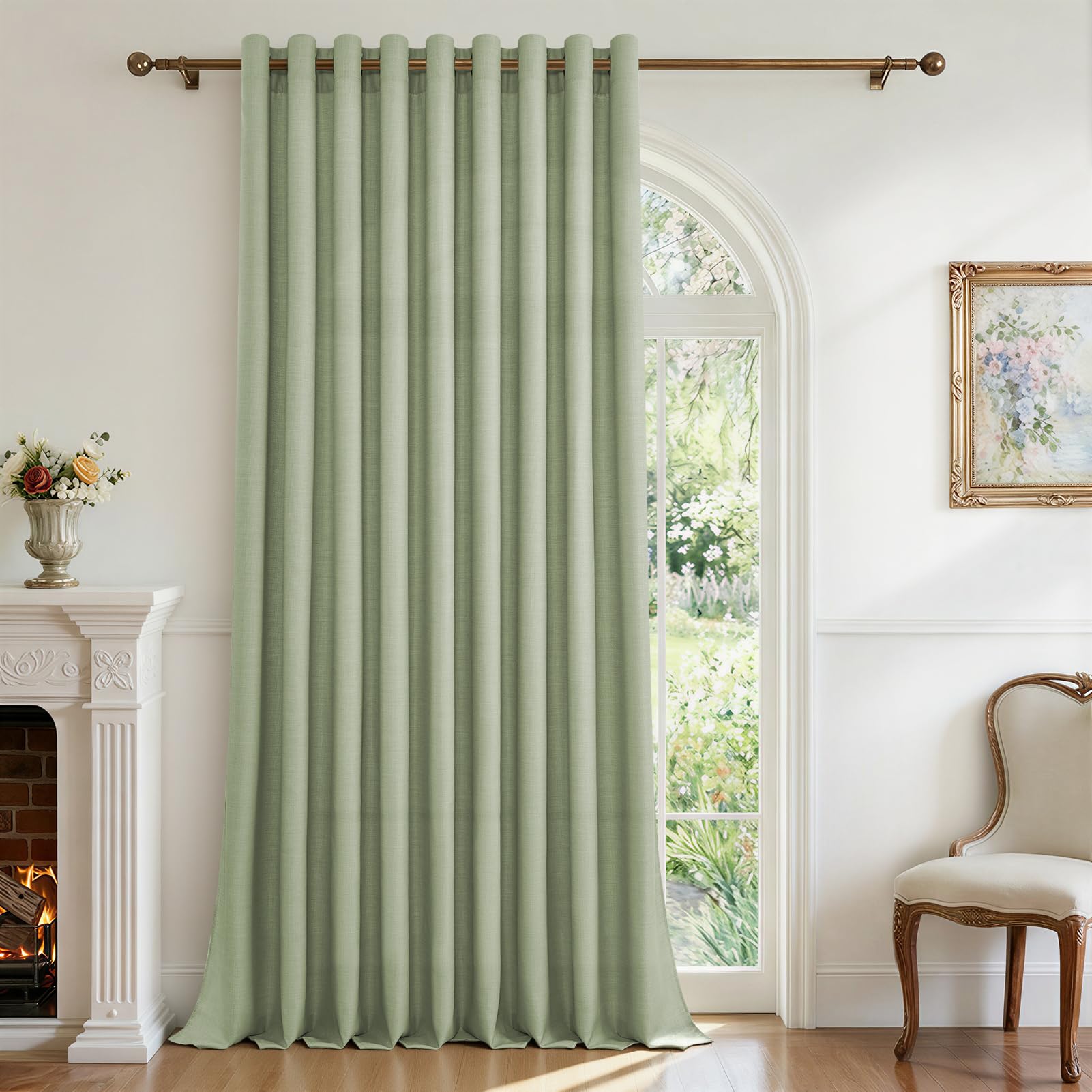 CUTEWIND Extra Breite Gardinen Grün Leinen mit Ösen Halbtransparent für Wohnzimmer Schlafzimmer Große Fenster Vintage H 240 x B 300 cm, 1 Stück Vorhänge Landhausstil Vorhang Leinenoptik