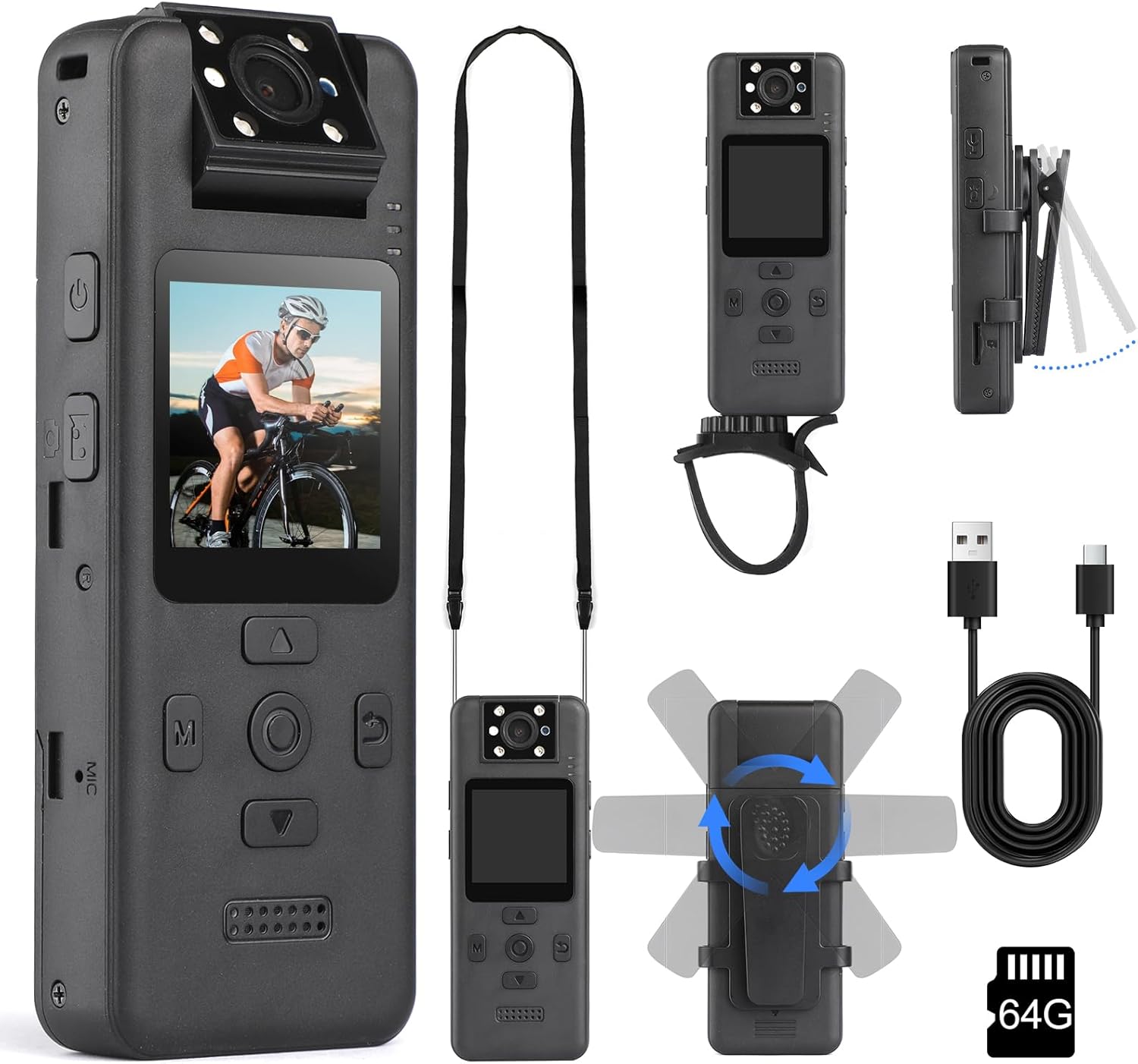 4K Body Camera with Audio and Video Recording,Unltra 4K Body Cam with 180° Rotating Lens,6HR Battery,IR Cut Night Vision,64GB Body Worn Camcorder,Wearable Camera for Pet,Office,Police Law Enforcement