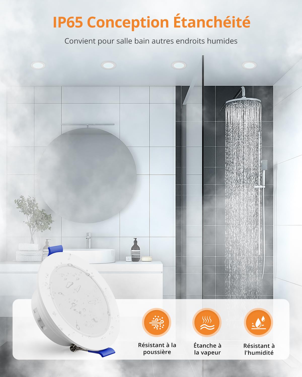 Wowatt Spot Led Encastrable Dimable 6W, IP65 pour Salle de Bain - Blanc Chaud 2700K, Neutre 4000K et Froid 6000K, 700LM Encastrés Trou 68-80mm, Lot de 10