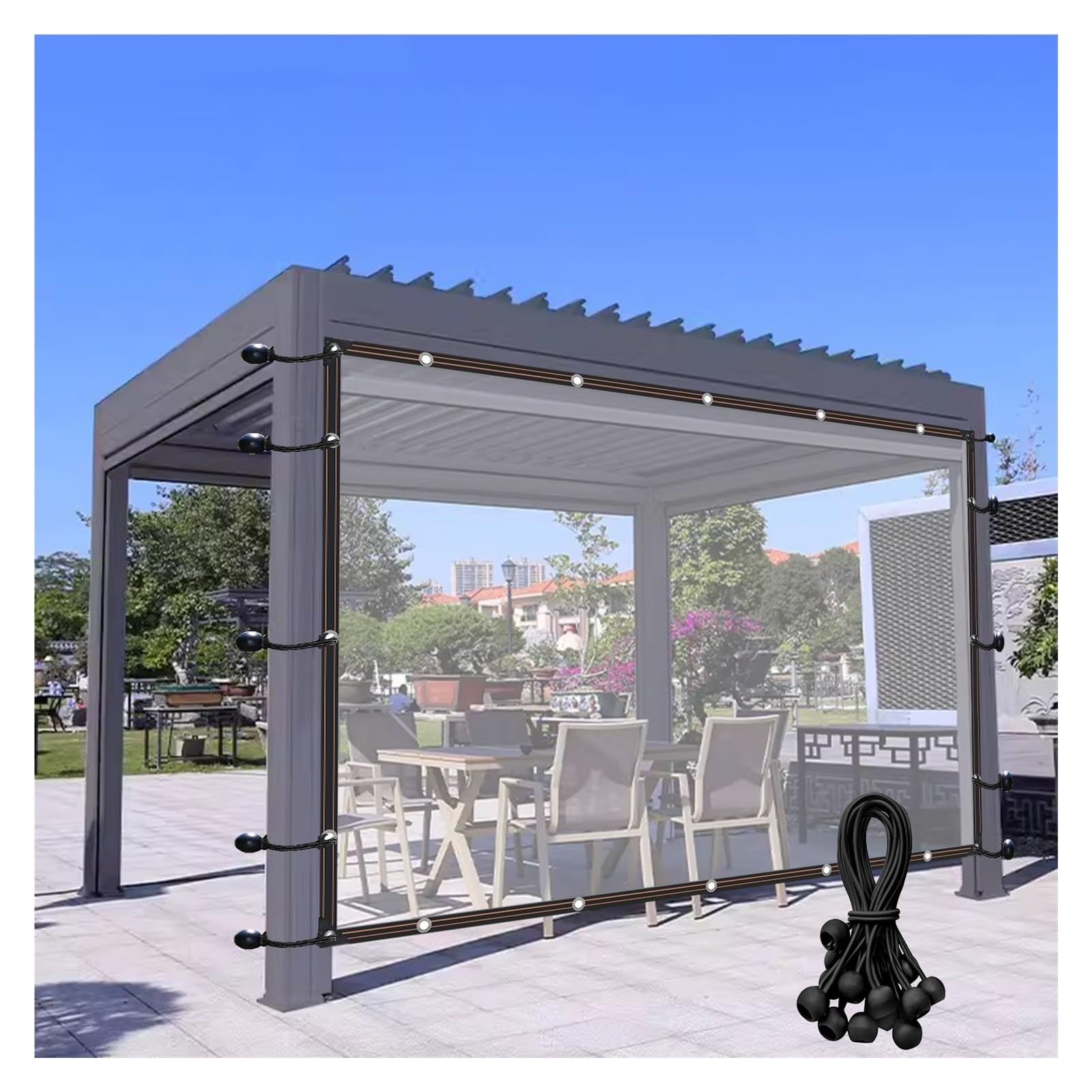 Paneles laterales de pérgola de PE impermeables cortina de lona transparente exterior con ojales