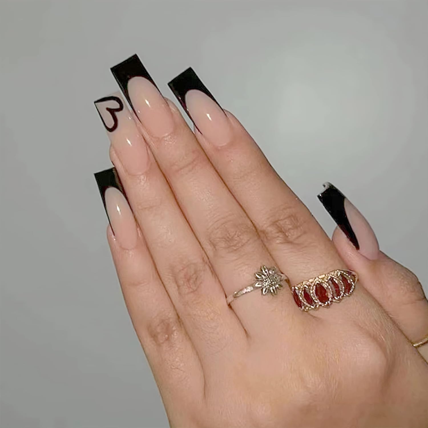 Black French Tip Press on Nails Medium Long False Nails
