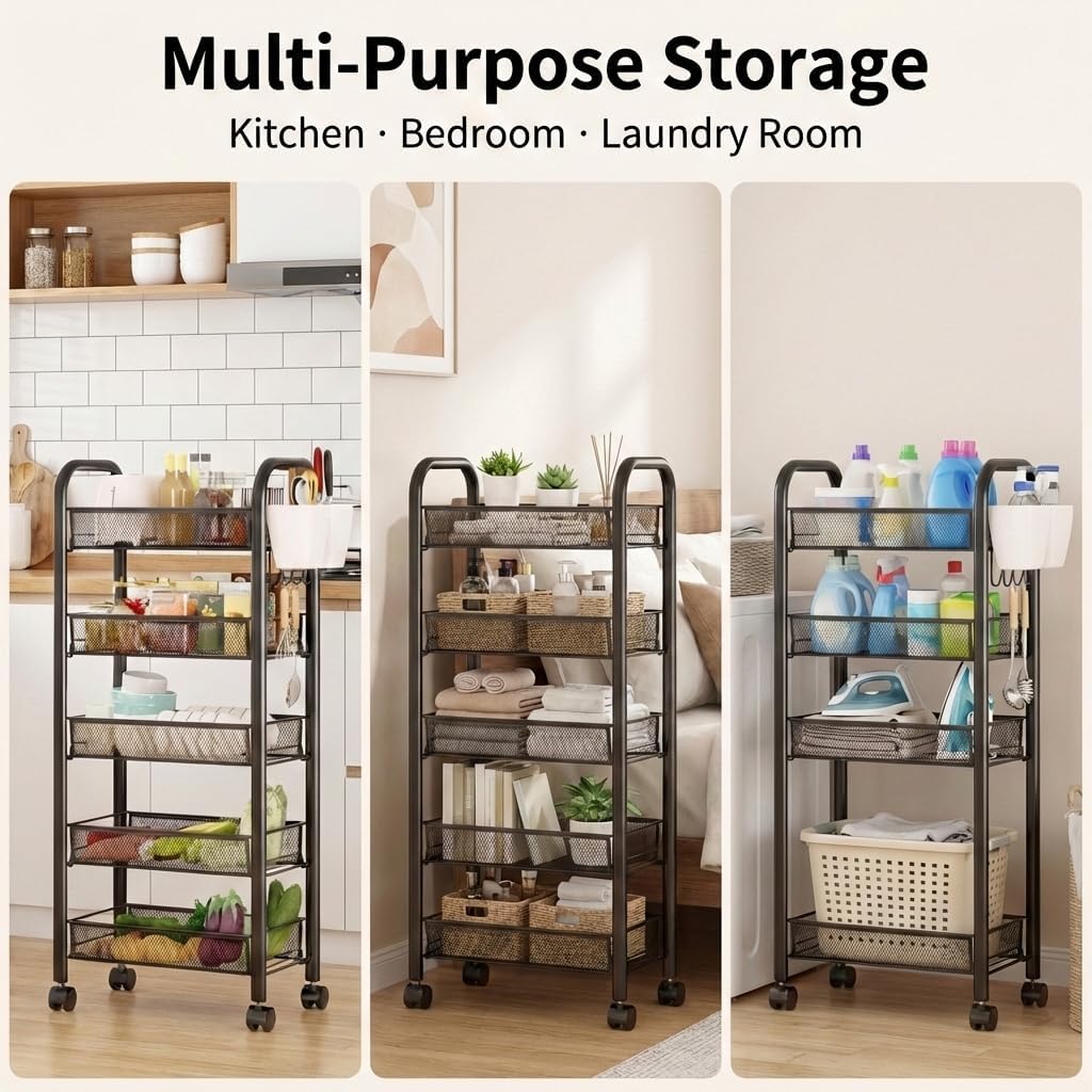 5 Tier Slim Fruit Basket, Stackable Vegetable Storage Cart for Kitchen, Metal Wire Fruit Basket Organizer On Wheels, Rolling Produce Pantry Snack Rack for Fruits, Potato, Onion, Snacks