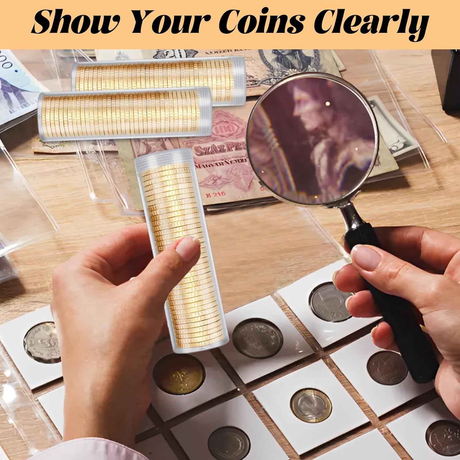50PCS Plastic Coin Tubes Clear Quarter Tubes for Coins Quarter Coin Holders Coin Storage Tubes with Screw Lid for Coins Collection Supplies, with Sticks