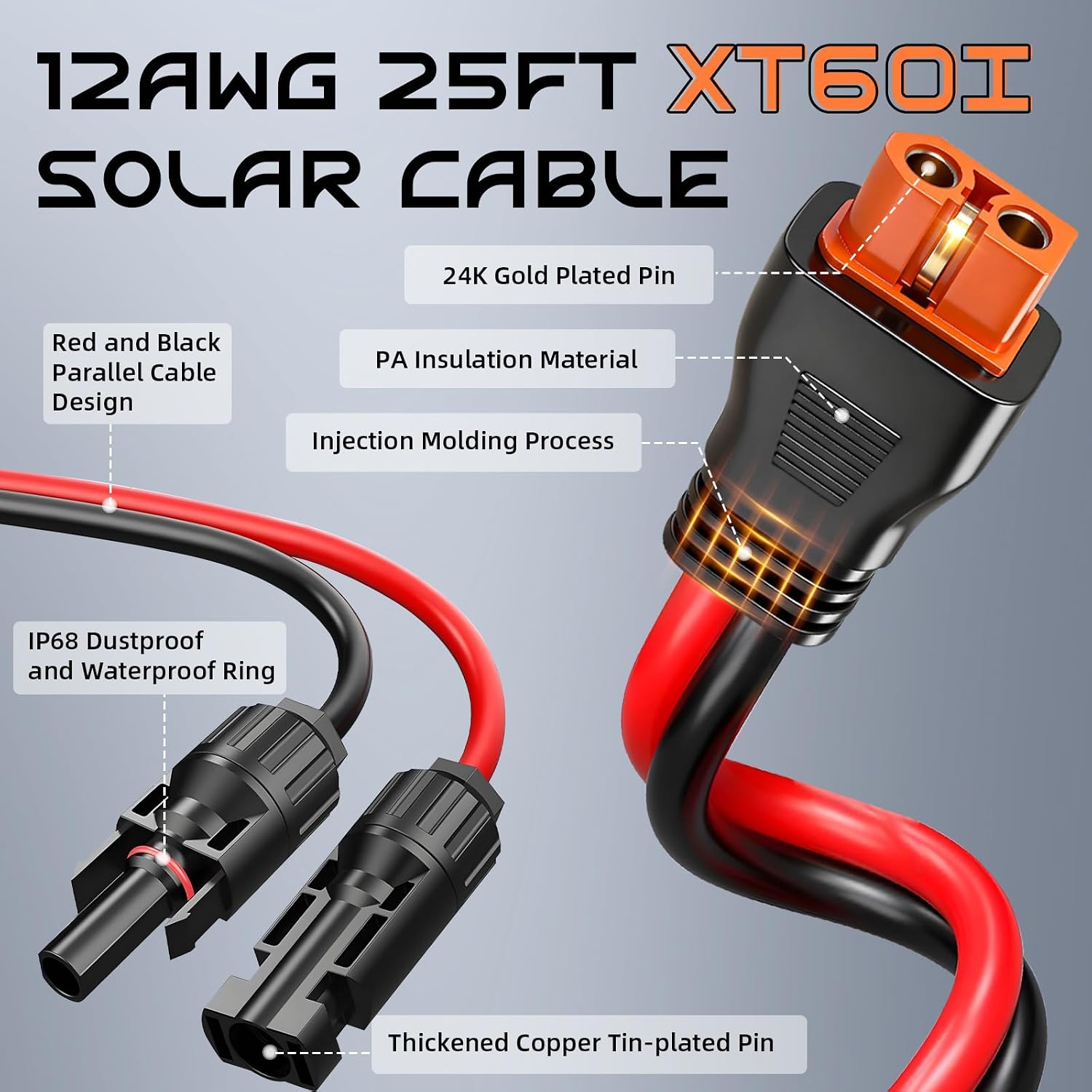 25FT 12AWG Solar to XT60i, Gibbab 3 6 10 16 20 25FT Solar Panel Connector to XT60i-F Adapter Extension Charging Cable for Portable EcoFlow River Delta Anker SOLIX Power Station Generator Battery RV
