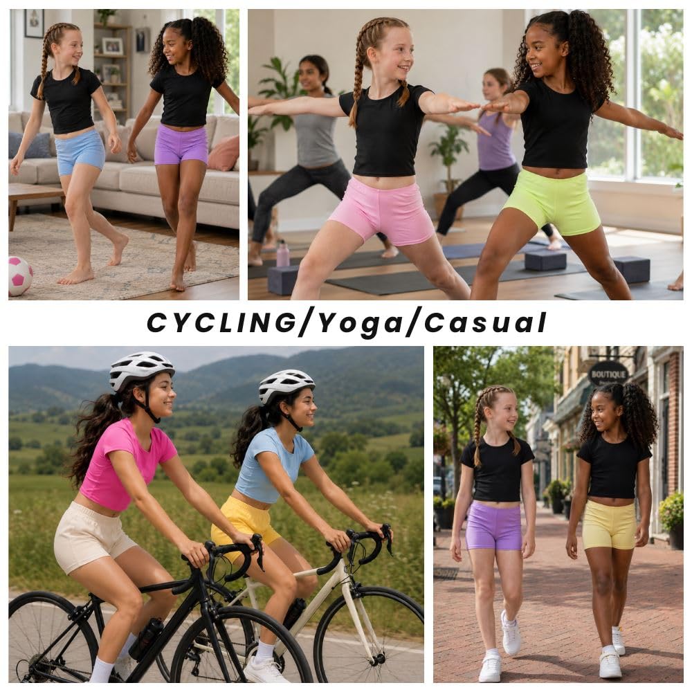 Paquete de 5 pantalones cortos de ciclismo para niñas, ligeros, lisos, para verano, gimnasio, entrenamiento, deportes, correr, polietileno, pantalones de yoga para niños, pantalones cortos