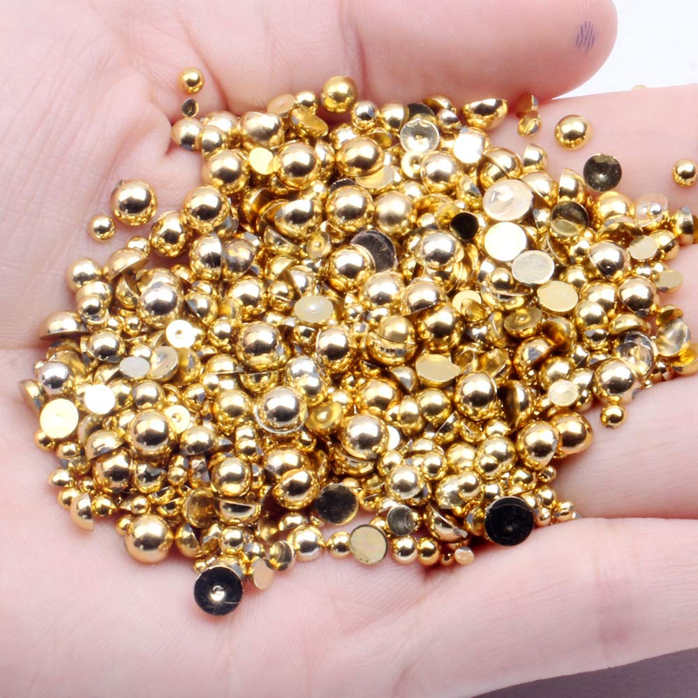 Mixed Size 2/3/4/5mm 1000Pcs Imitation Pearls Bead Half Round Flatback Pearl Rhinestones Beads Nail Art Crafts DIY Gem Decoration (36 Gilded)