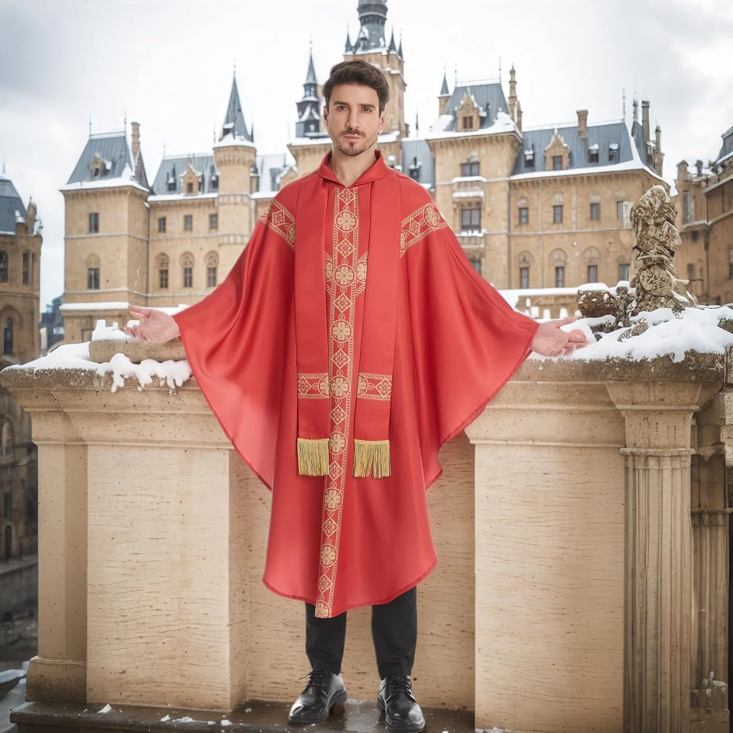 Colorful House Clergy Elegance: Premium Catholic Priest Chasuble with Round Collar and Pastor Stole for Mass