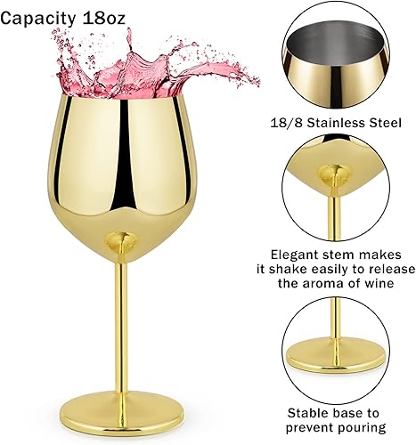 Miniatura 2 de Lifecapido Juego de 2 copas de vino de acero inoxidable, copas de vino de acero inoxidable de 18 onzas, copas de vino de metal con tallo y cepillo