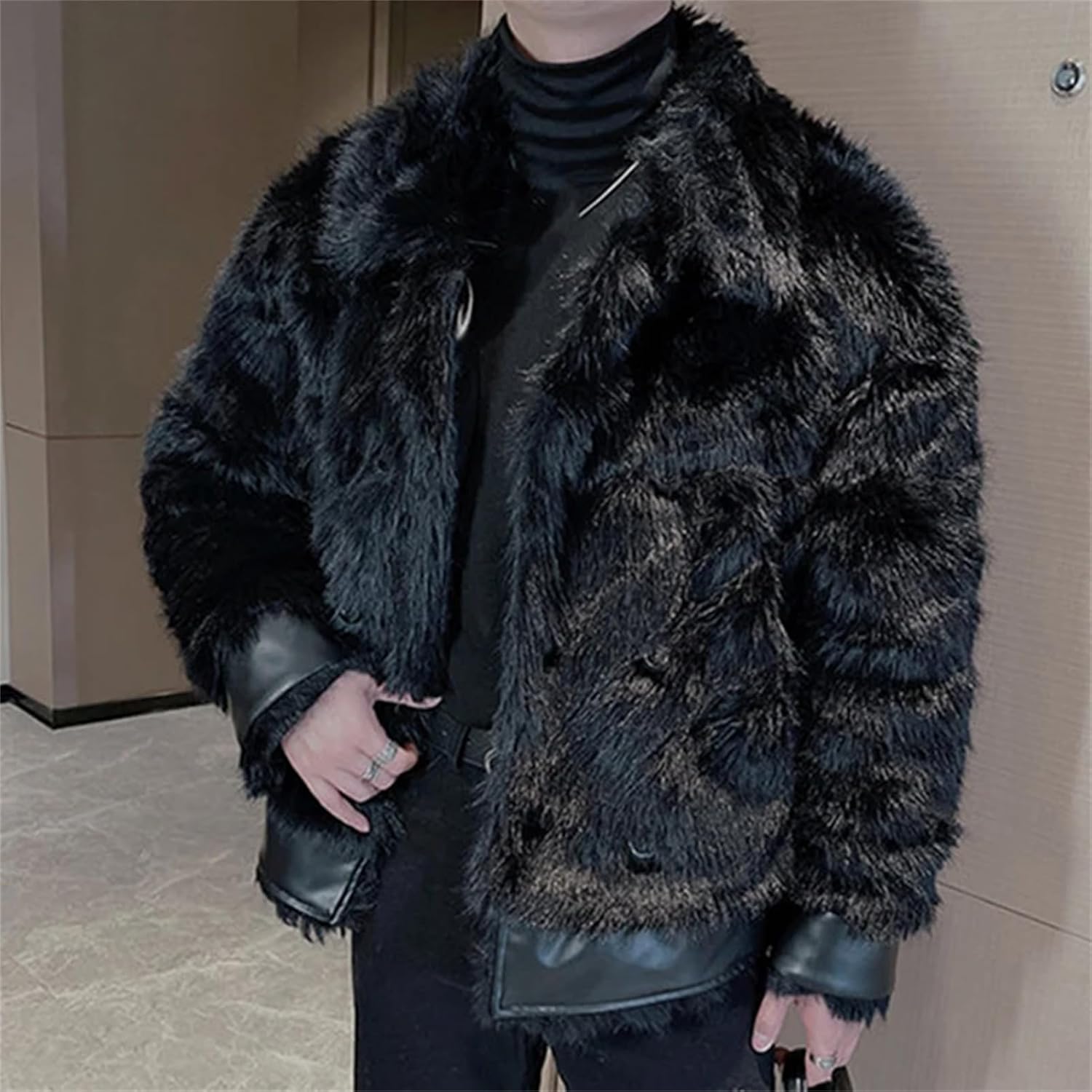 Alloaone Men's Lapel Faux Fur Jackets PU Leather Thickened Short Coats