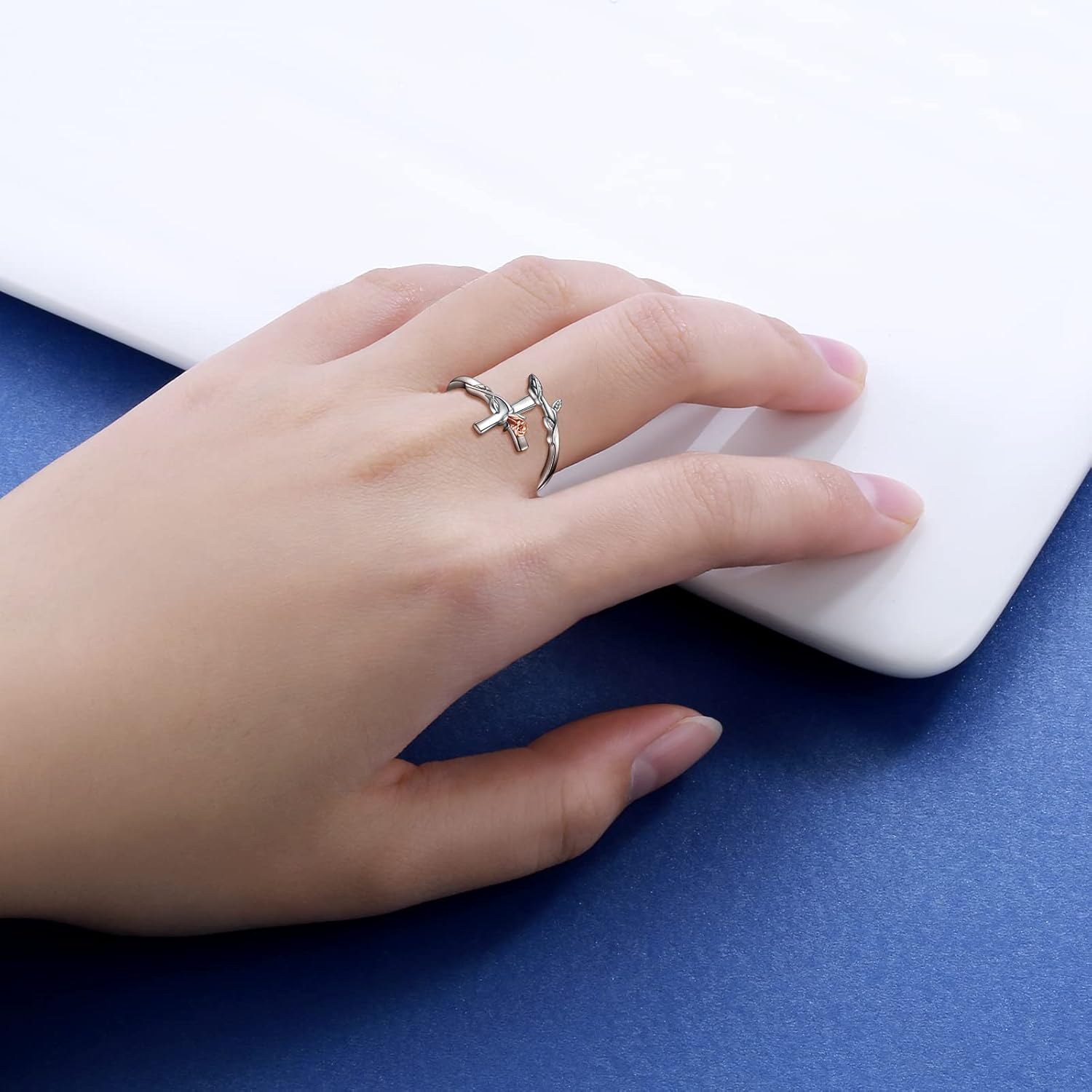 APOTIE Silver Rose Cross Ring for Women - Christian Purity Rings Pray Through It Cross Jesus Jewelry for Her Women