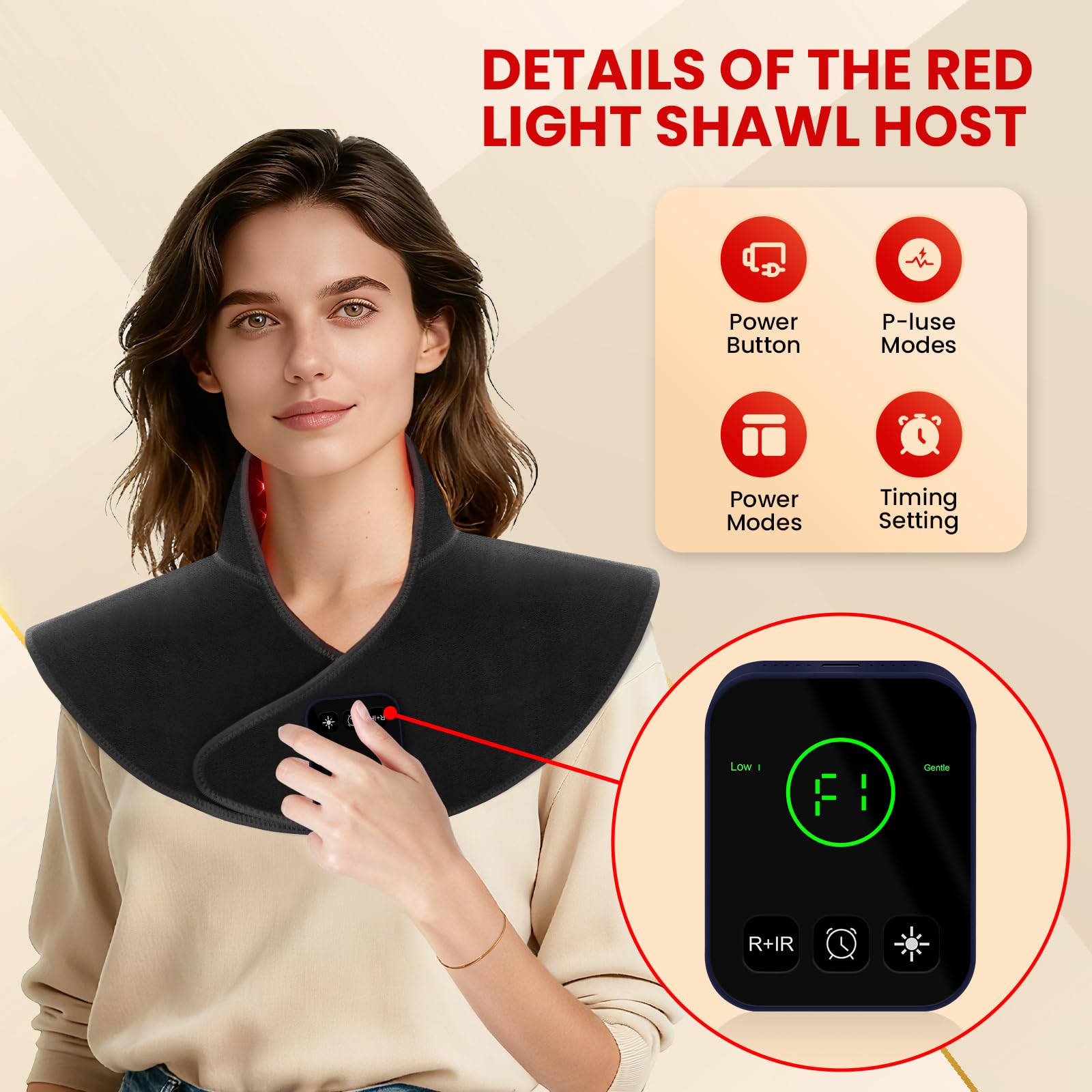 Lampada a luce rossa con infrarossi 660 e 850 nm, 3 modalità, timer 10/20/30 min, materiale Crystal ultra morbido, batteria 5000 mAh, mantella luminosa senza fili per collo e spalle
