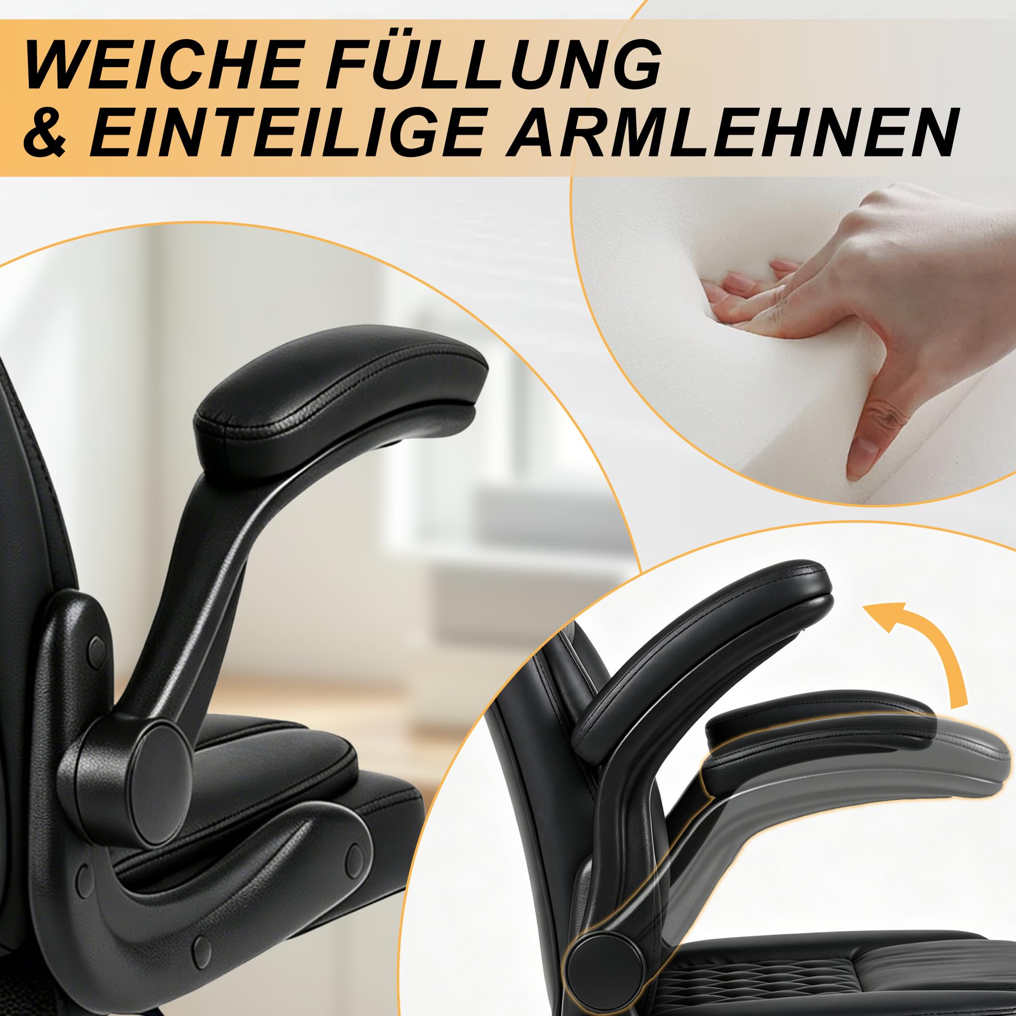 Andyou ergonomischer Bürostuhl – höhenverstellbar, Rückenlehne 17° neigbar, 90° klappbare Armlehnen, atmungsaktives PU-Leder, Drehsessel mit Rollen, belastbar bis 130 kg, schwarz