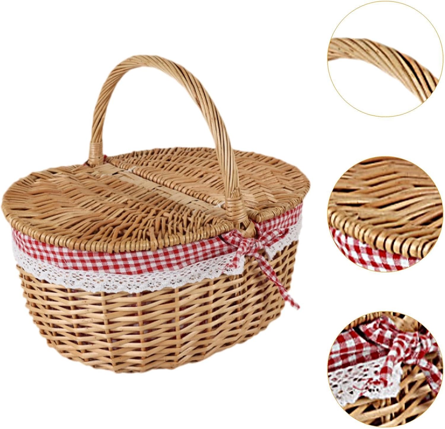Wicker Picnic Basket,Rattan Storage,Serving Basket with Lid and Handle,Wicker,Woven Basket for Park Parties Hiking,Wedding, Red White, Medium