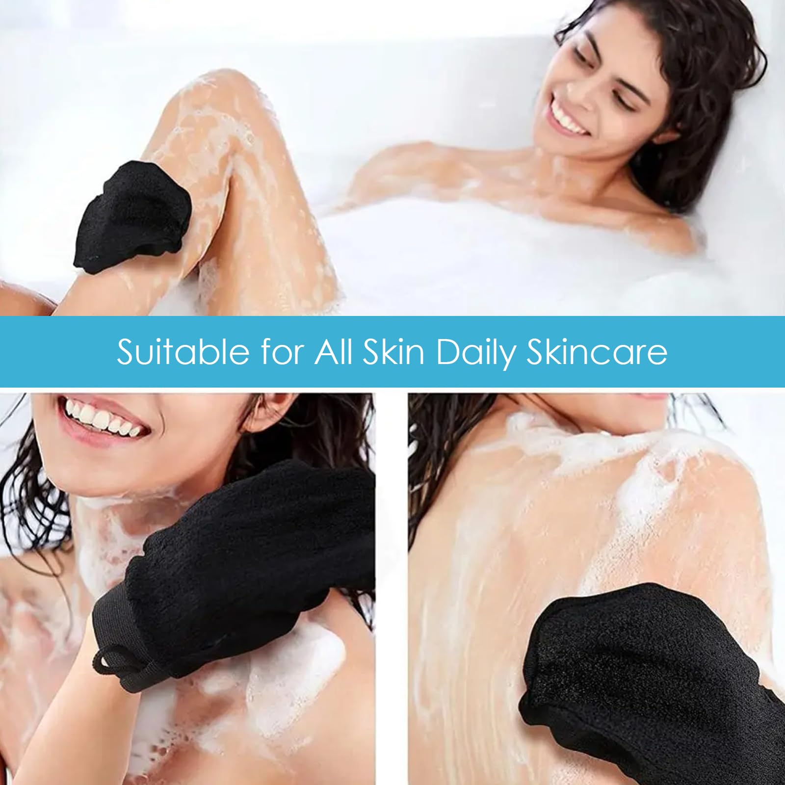 2x Gant Exfoliant pour le Corps, Gant Exfoliant Corps, Gants Gommage Corps Et Visage, Enlever La Saleté Et Les Peaux Mortes pour Nettoie et Purifie La Peau, Doux Gants Exfoliants, Noir