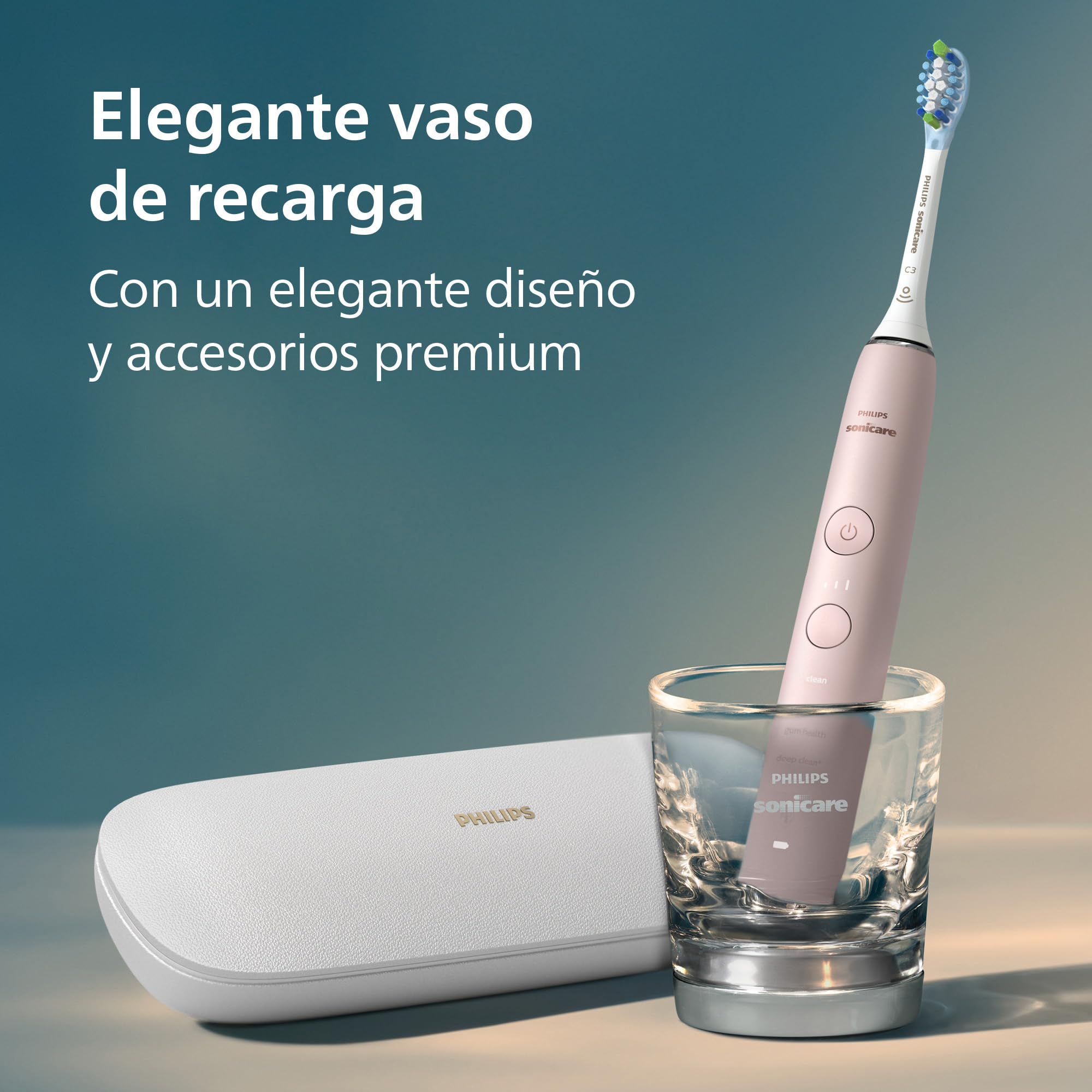 Philips Sonicare DiamondClean 9000 cepillo dental eléctrico, sónico con aplicación, sensor de presión, 4 modos de cepillado, vaso de carga y estuche de viaje USB, rosa, HX9911/29