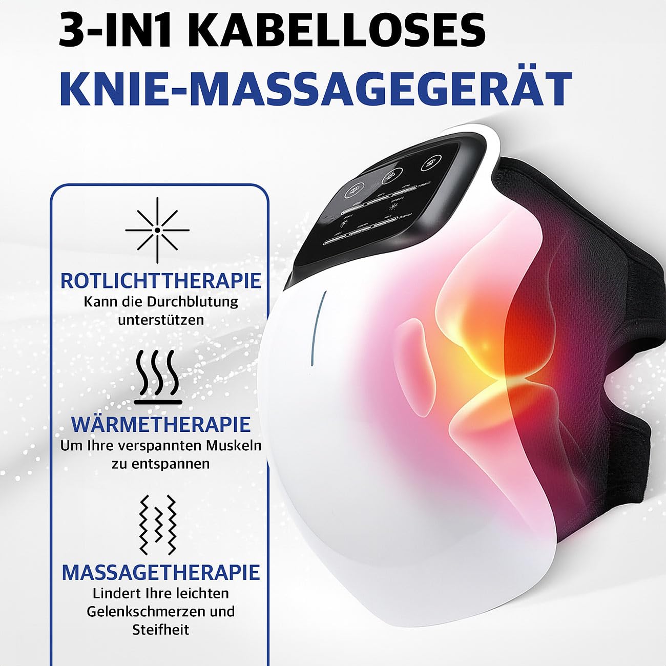 Newgen Medicals Kniemassage: Akku-Knie-Massagegerät mit Infrarot-Tiefenwärme, LED-Touchscreen (Akku Kniemassagegerät, Knie-Massage-Geräte, Laser)