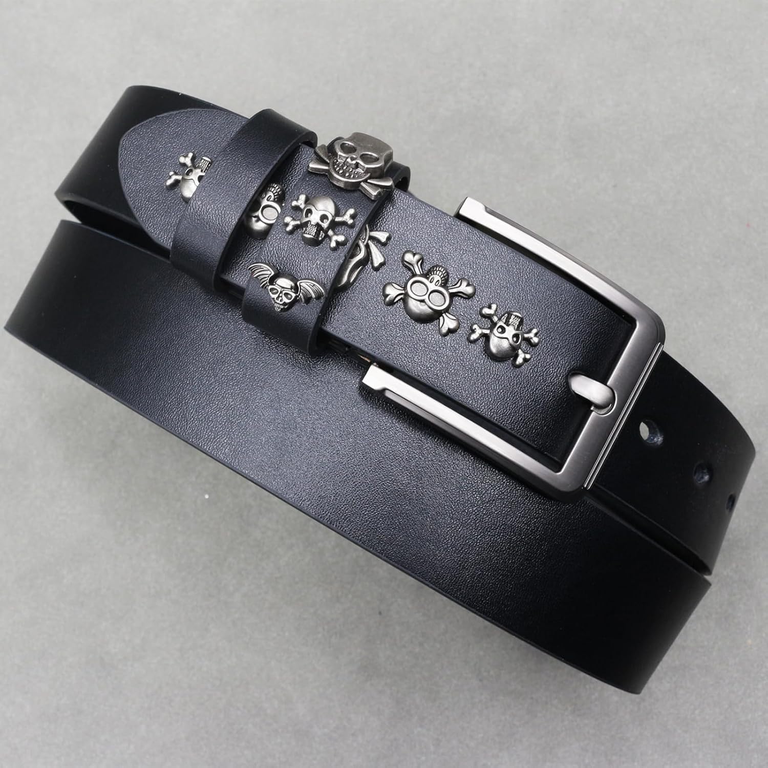 Studded Belts Punk Rock Skull and Cross Bones Rivets Handmade Western Leather Strap Pin Buckle for Men or Women(105cm/41, Black)