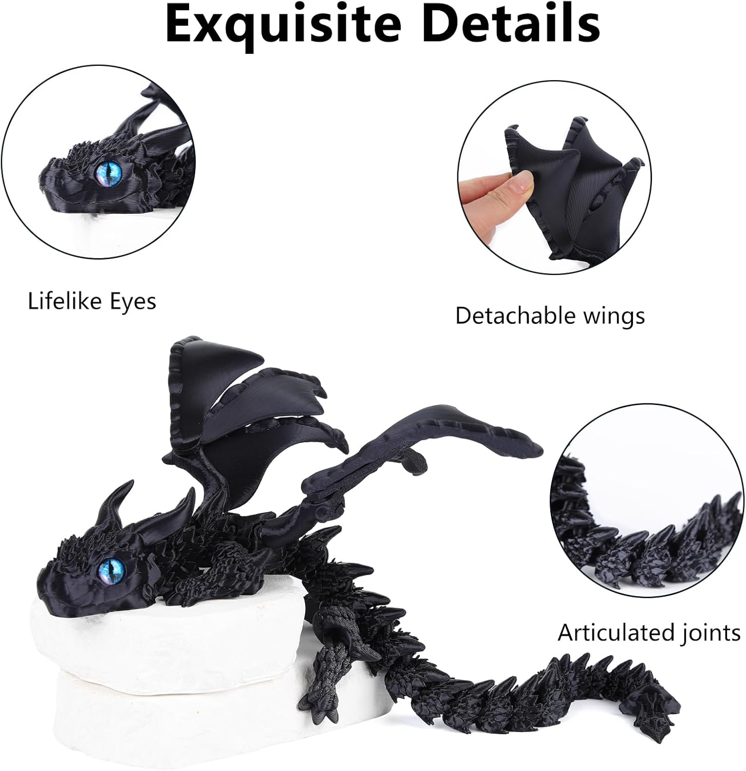 3D Printed Dragon with Wings,3D Printed Animals Toys,Flexible Articulated Winged Crystal Dragon 15.75in,Black