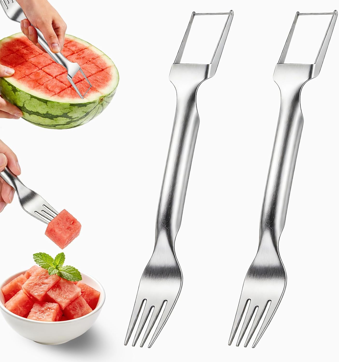 Watermelon Fork Slicer Cutter, 2-in-1 Stainless Steel Watermelon Slicer & Fruit Fork, Summer Kitchen Gadget for BBQ Parties, Camping & RV Adventures