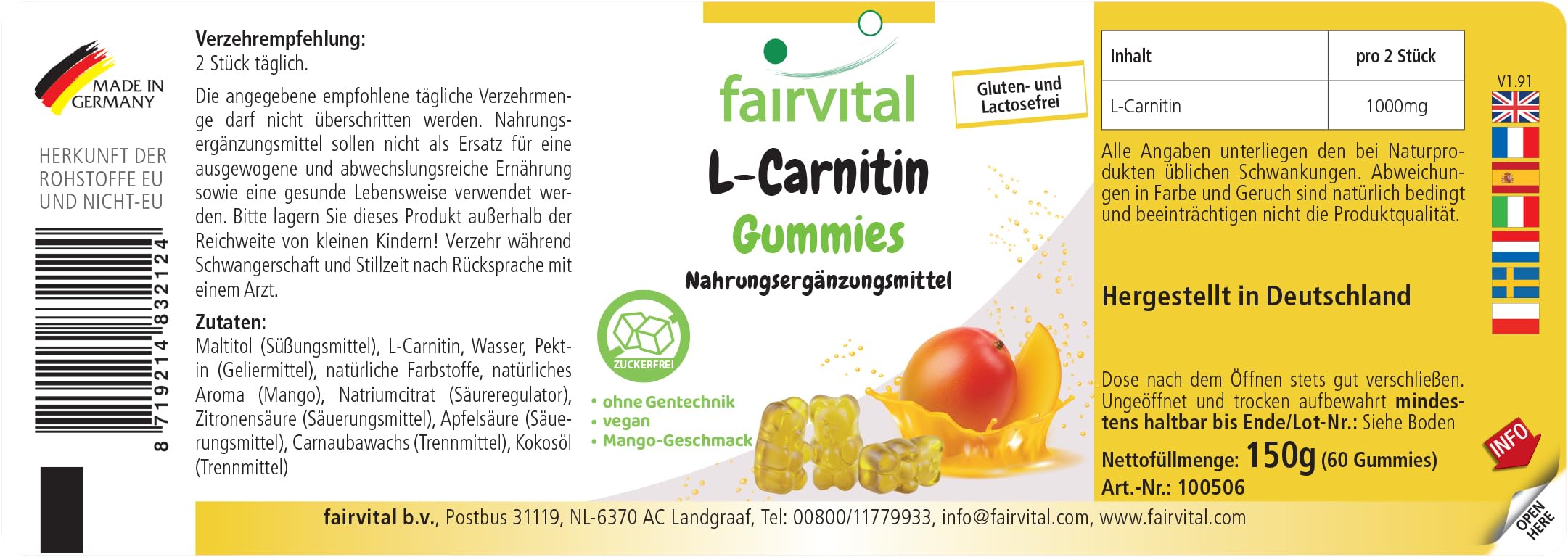 Fairvital | Żelki L-karnityna – 60 sztuk – 1000mg w dziennej dawce – smak mango – wysoka dawka – 100% wegańskie + bez cukru – sprawdzona jakość i wysoka dawka – wyprodukowane w Niemczech