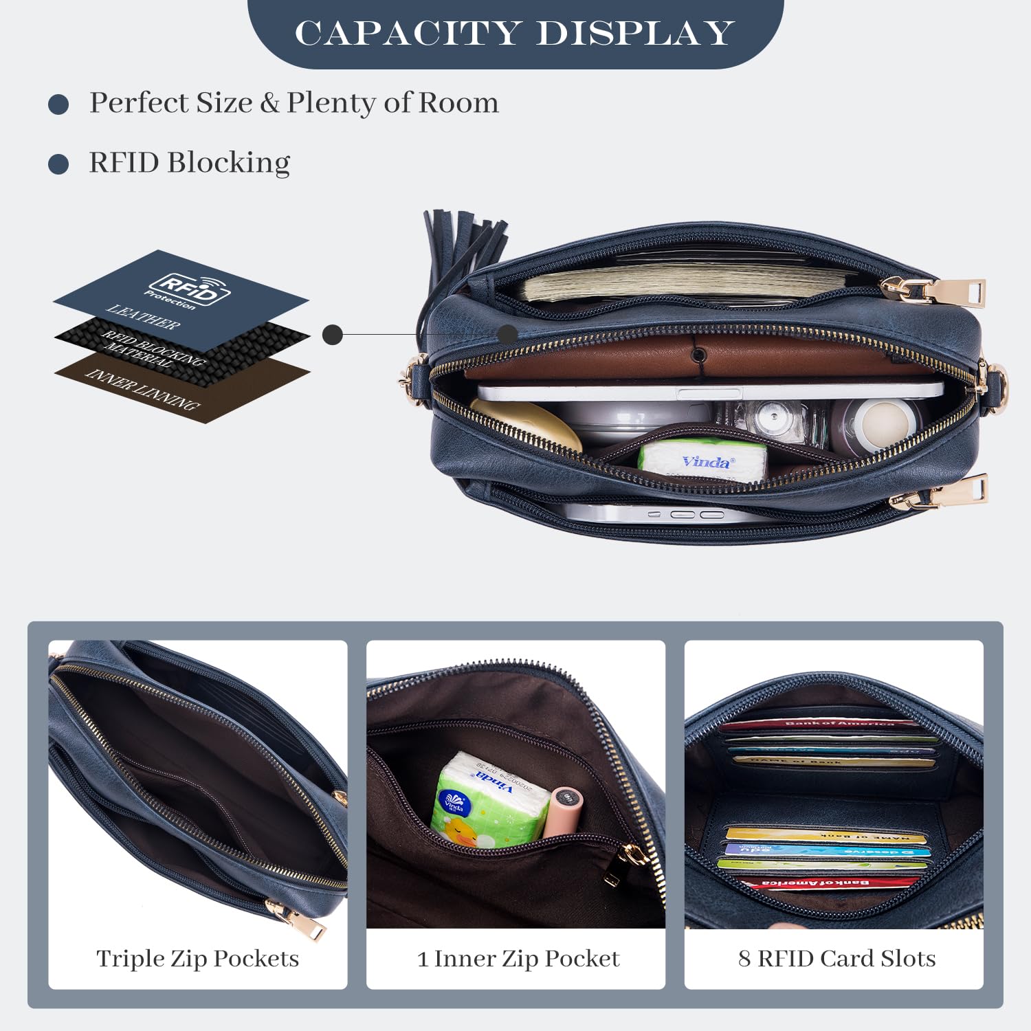 Roulens Piccola Borsa a Tracolla Donna con 3 Scomparti Capienti,Borsa Mano PU Pelle Messenger Crossbody Bag,Borsa a Spalla con Tracolla Ampia Regolabile e Rimovibile