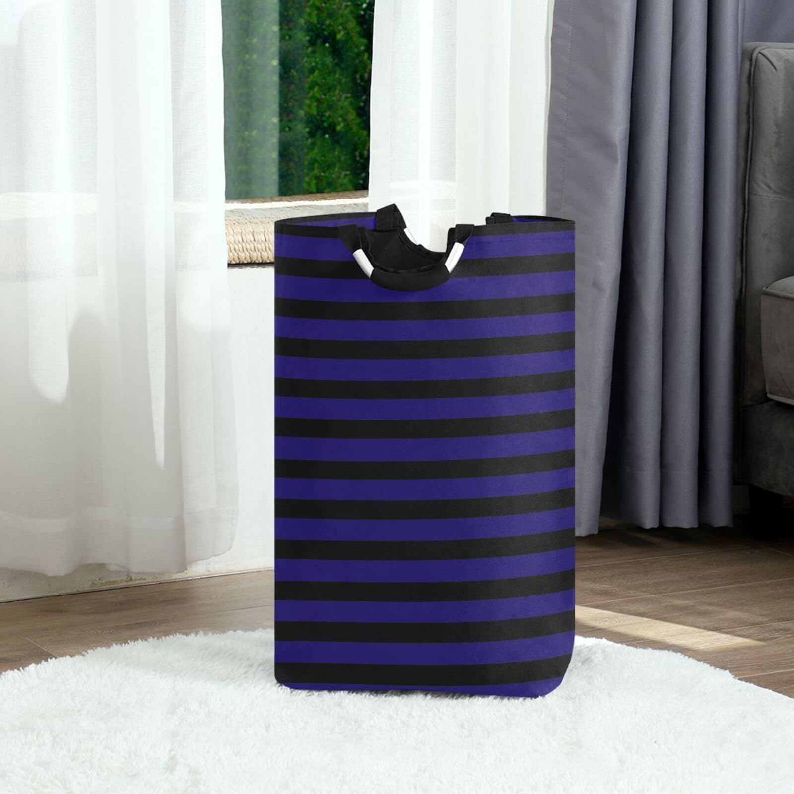 Jihqo Laundry Hamper Basket Navy Blue Black Stripes Collapsible Nursery Storage Bin Waterproof Clothing Baskets for Home Bedroom Bathroom Washing Room
