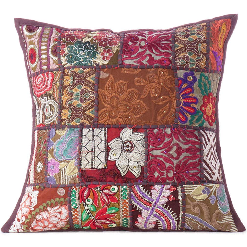 Cuscino Decorativo Boho Eyes Of India 40x40 Cm, Patchwork Rosso Fatto A Mano In Tessuti Riciclati, Federa Con Cerniera Per Divano E Letto, Stile Etnico - 2