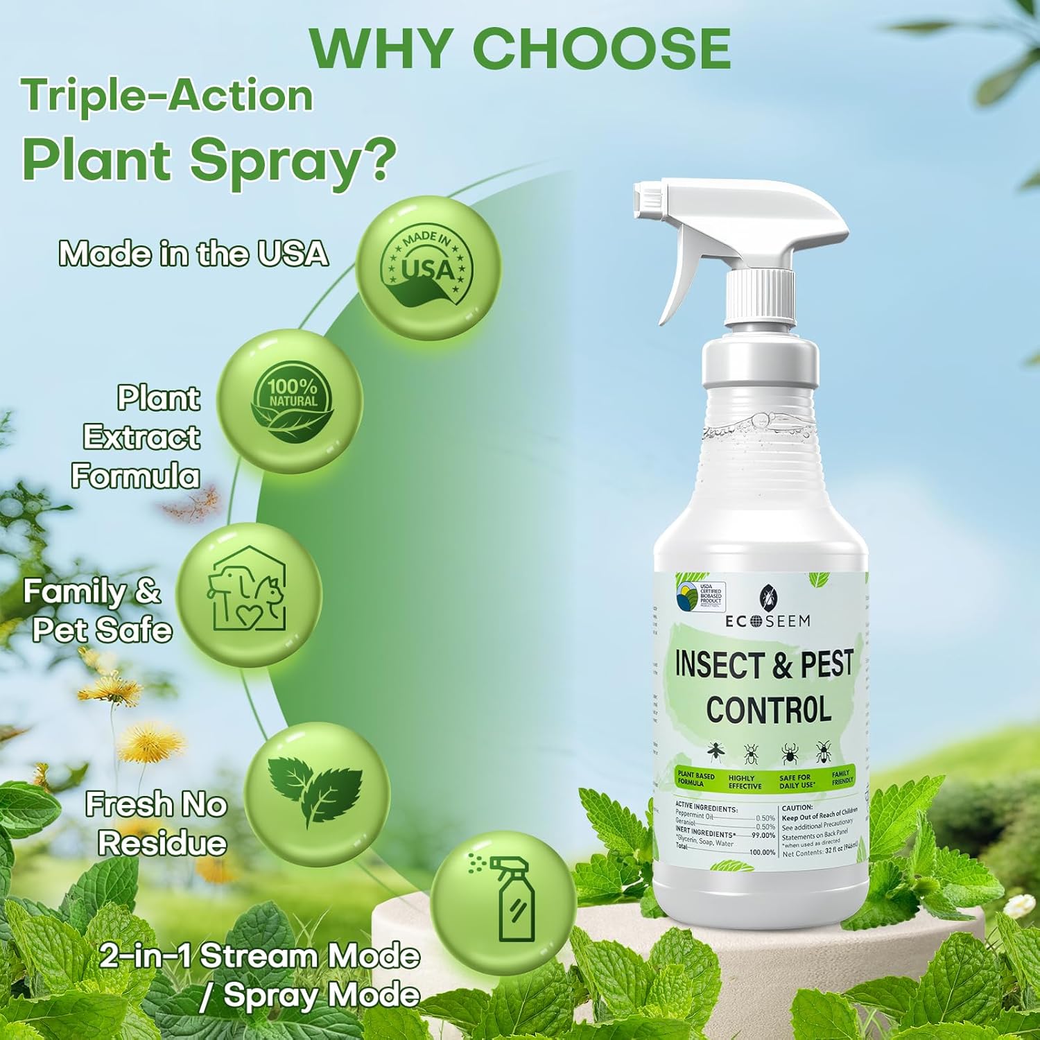 Peppermint Oil Spray for Bugs, 32 Oz Insect & Pest Control Spray for Bed Bug, Ants, Mite and Flea, All Natural Plant Extract Based Spider Repellent Indoor, Child & Pet Safe