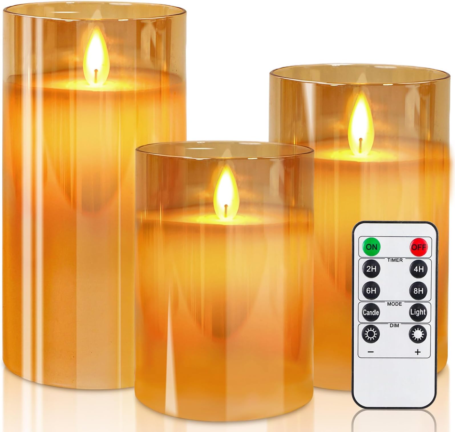 Led Flameless Candles, Battery Operated Flickering Candles Pillar Real Wax Moving Flame Electric Candle Sets Gold Glass Effect with Remote Timer, 4 in, 5 in, 6 in, Pack of 3 (Brown Glass)