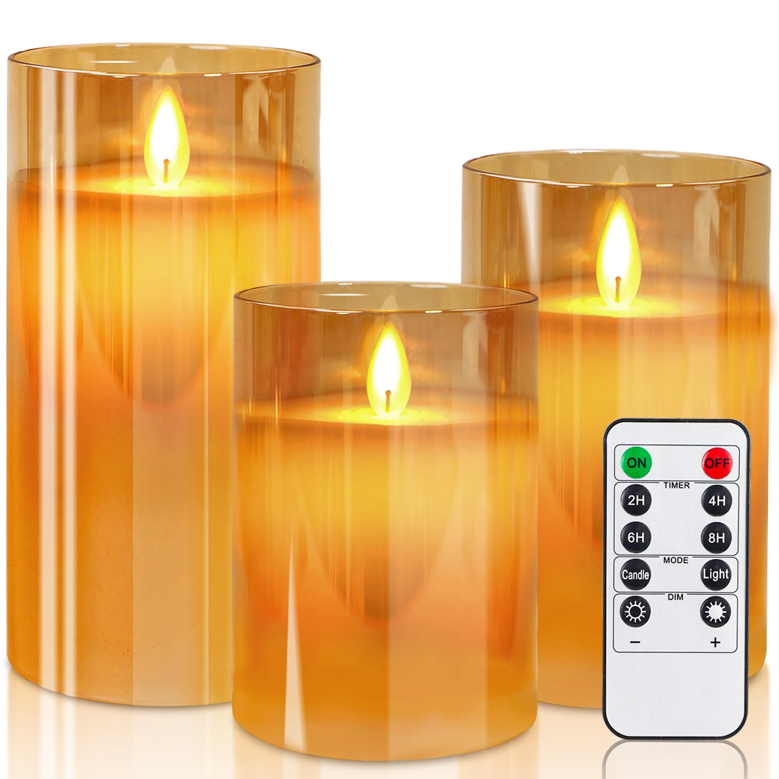 Led Flameless Candles, Battery Operated Flickering Candles Pillar Real Wax Moving Flame Electric Candle Sets Gold Glass Effect with Remote Timer, 4 in, 5 in, 6 in, Pack of 3 (Brown Glass)