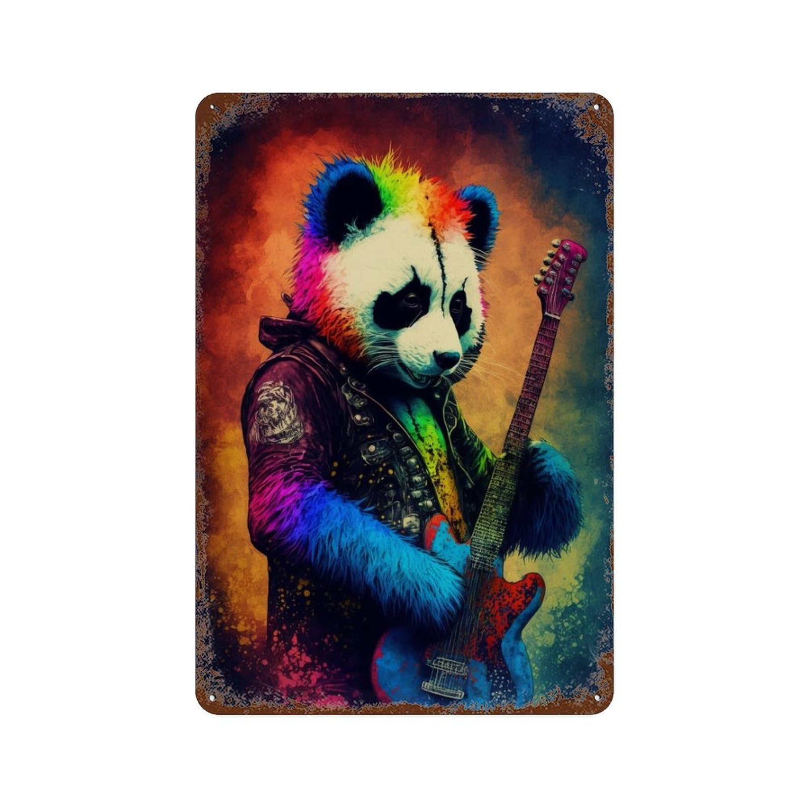 Garage Style Rainbow Rockstar Panda Guitar Art Print Distressed Metal Wall Sign 11.8"x7.9", Farmhouse Wall Decor for Bar And Workshop